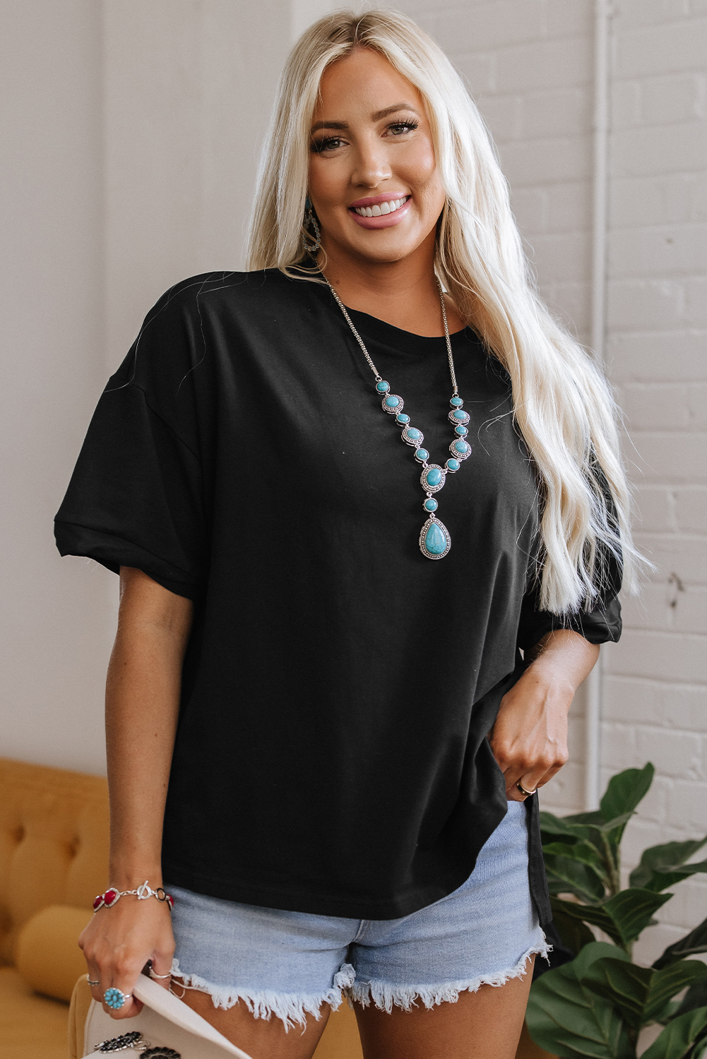Black Loose Half Sleeve Hi Low Hem T Shirt