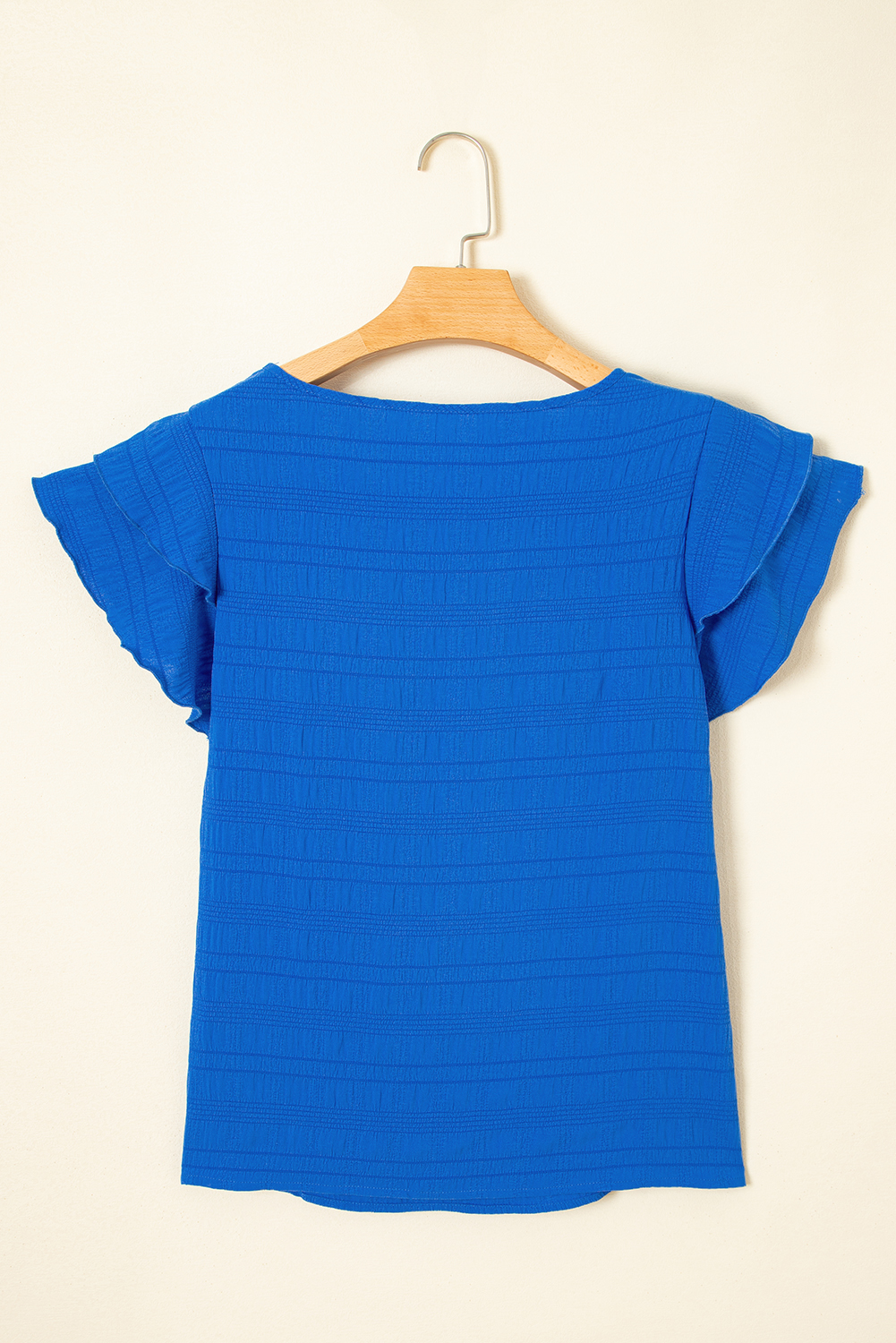 Dark Green Textured Ruffled Sleeve Round Neck Top