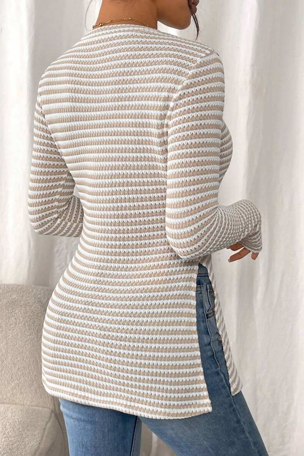 Jet Stream Striped Knit Side Slit Slim Round Neck Tunic Top