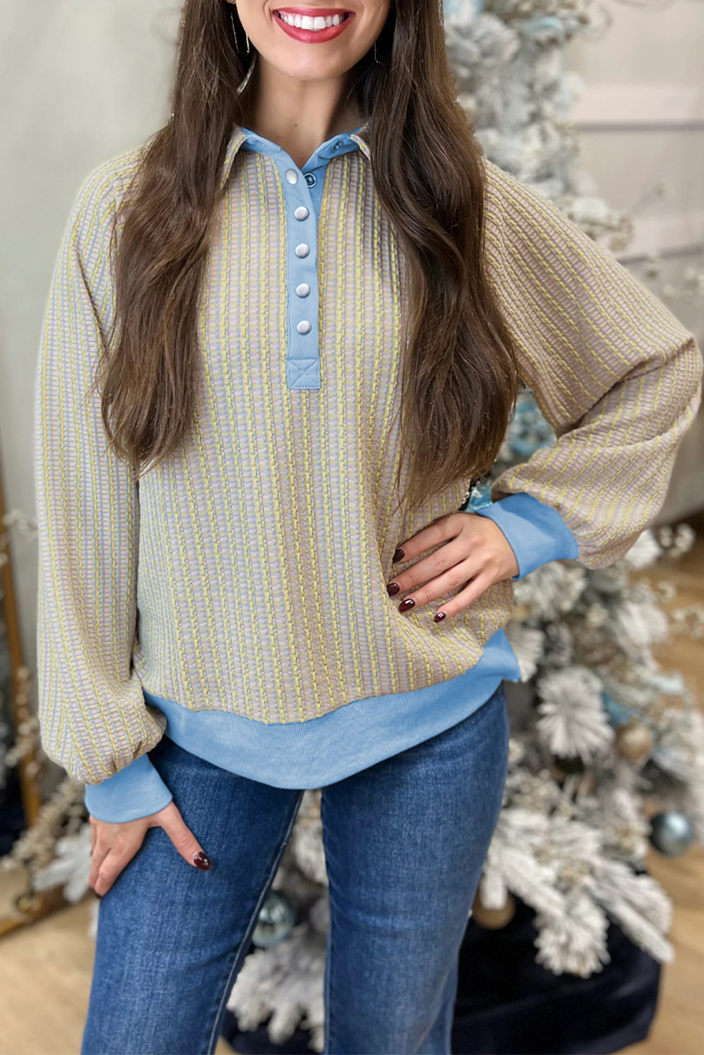 Beau Blue Button Front Jacquard Henley Sweatshirt