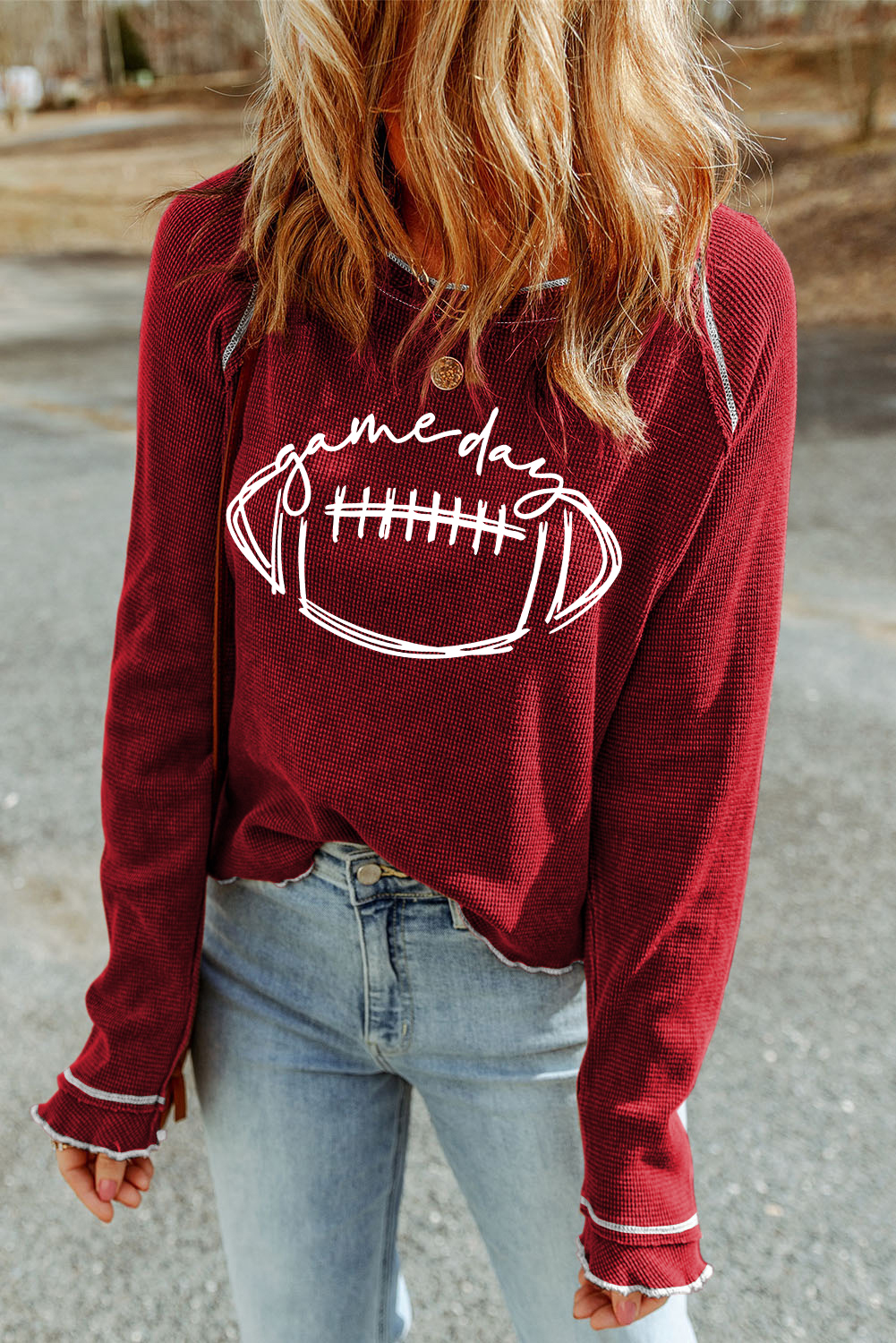 Smoke Gray Textured Round Neck Long Sleeve Top