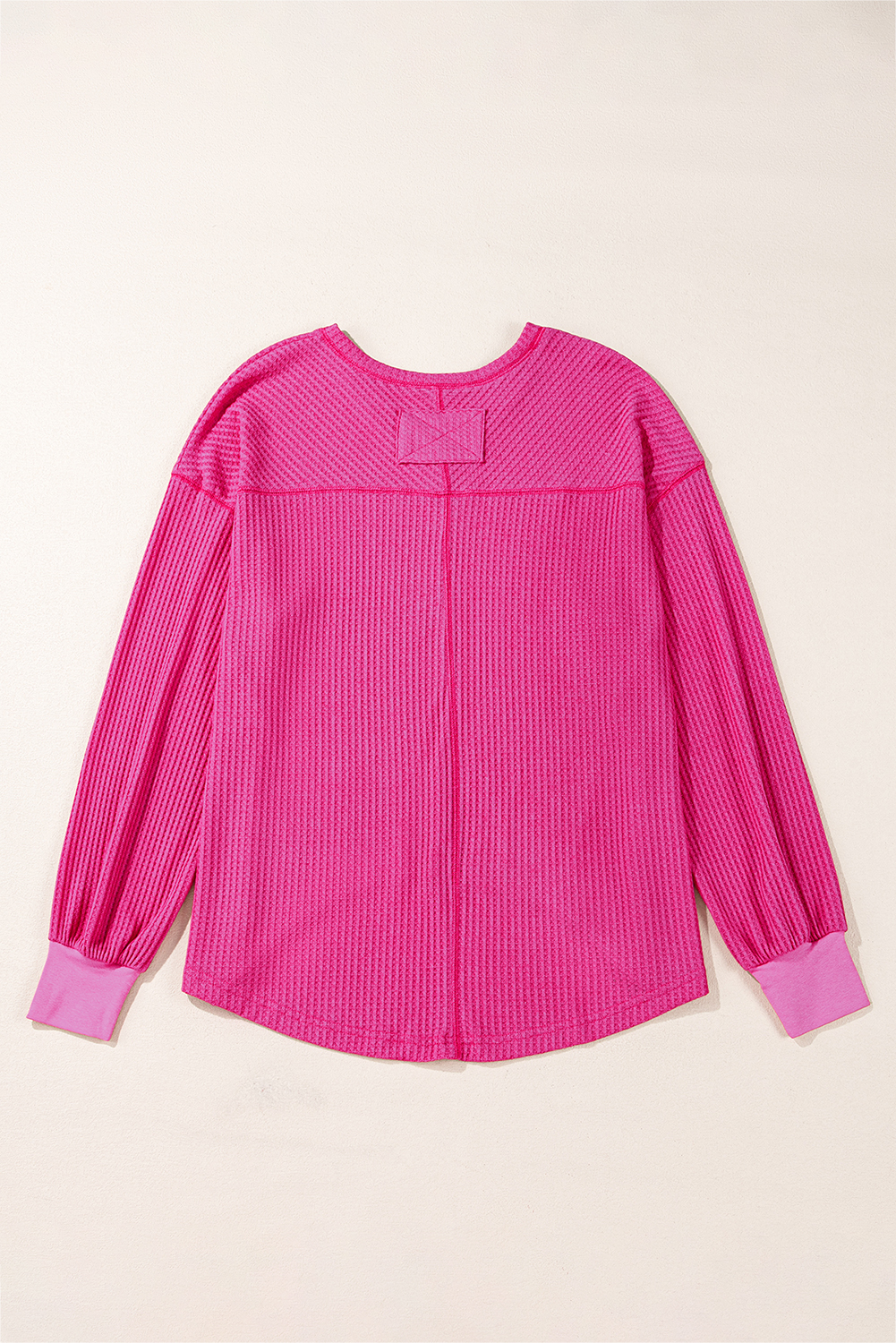 Light Pink Waffle V Neck Long Sleeve Drop Shoulder Loose Blouse