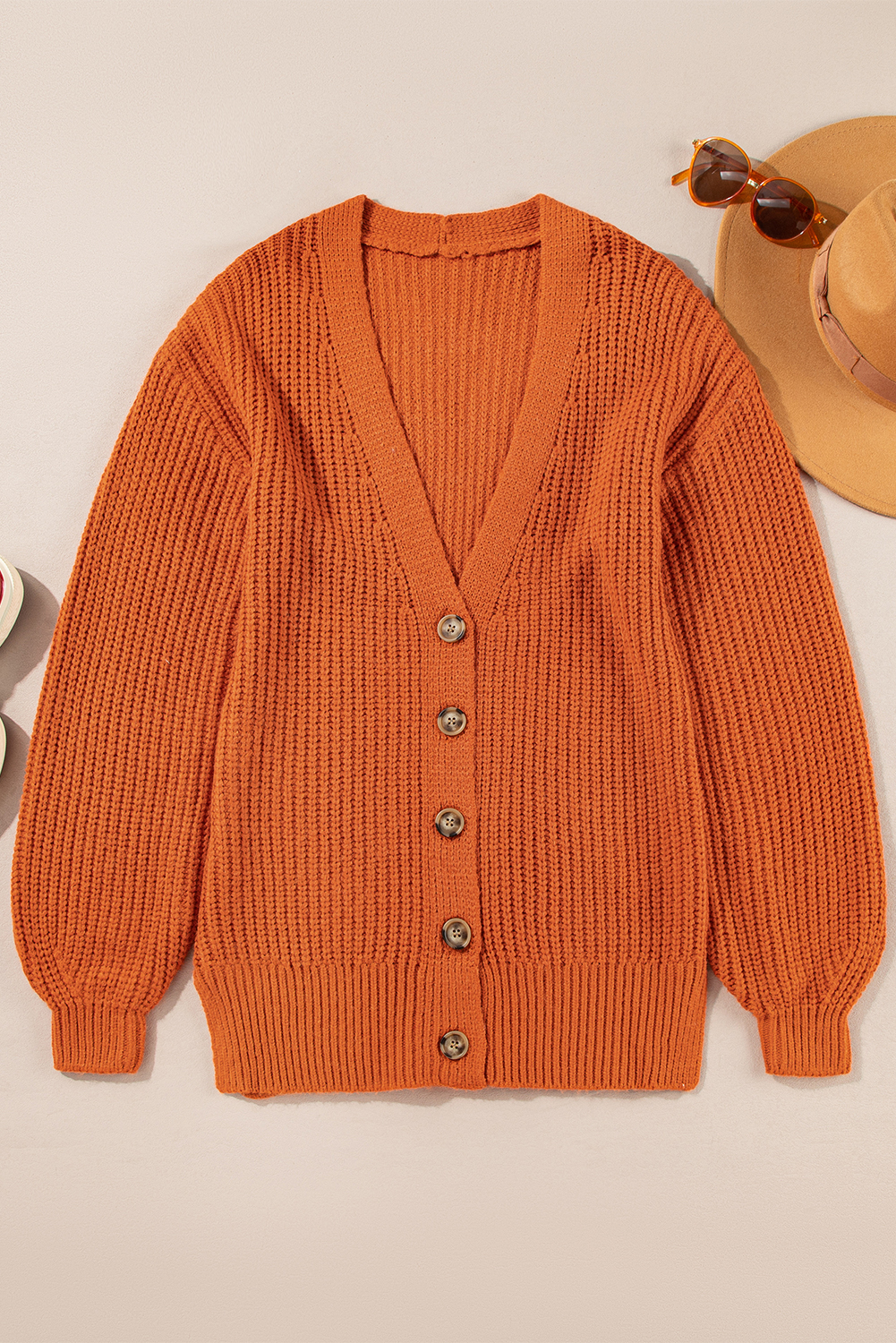 Gold Flame Button Front V Neck Chunky Cardigan Sweater