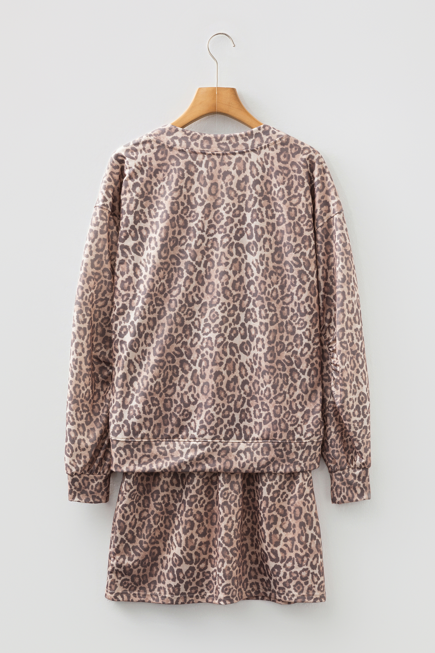 Light French Beige Leopard Print V Neck Pullover Mini Skirt 2pcs Set