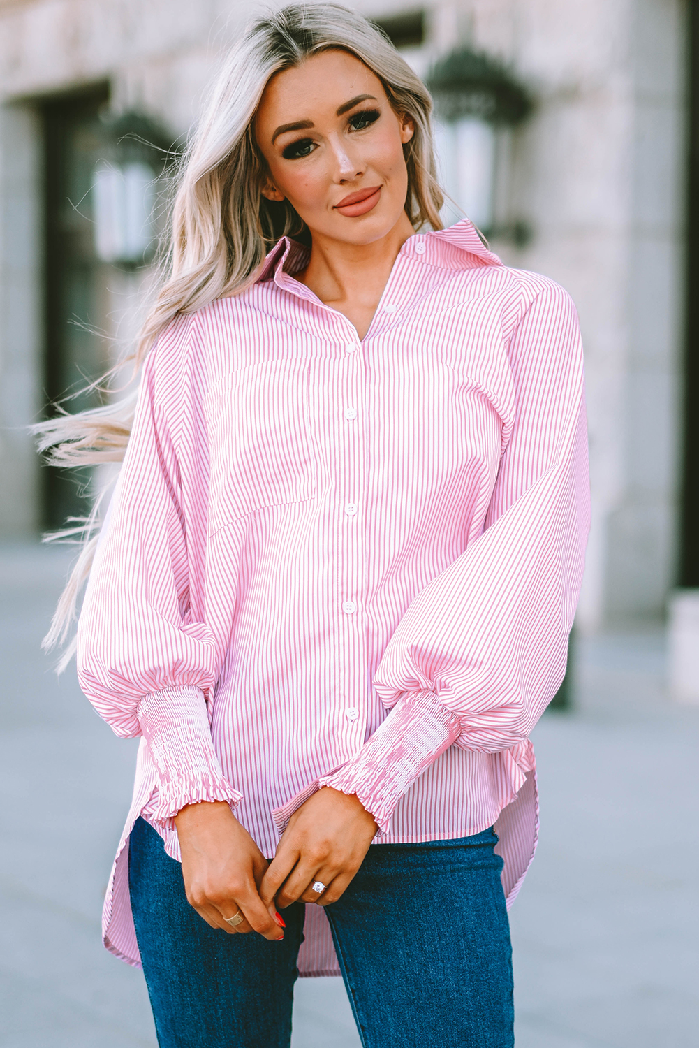 Red Stripe Smocked Cuffed Striped Boyfriend Shirt with Pocket