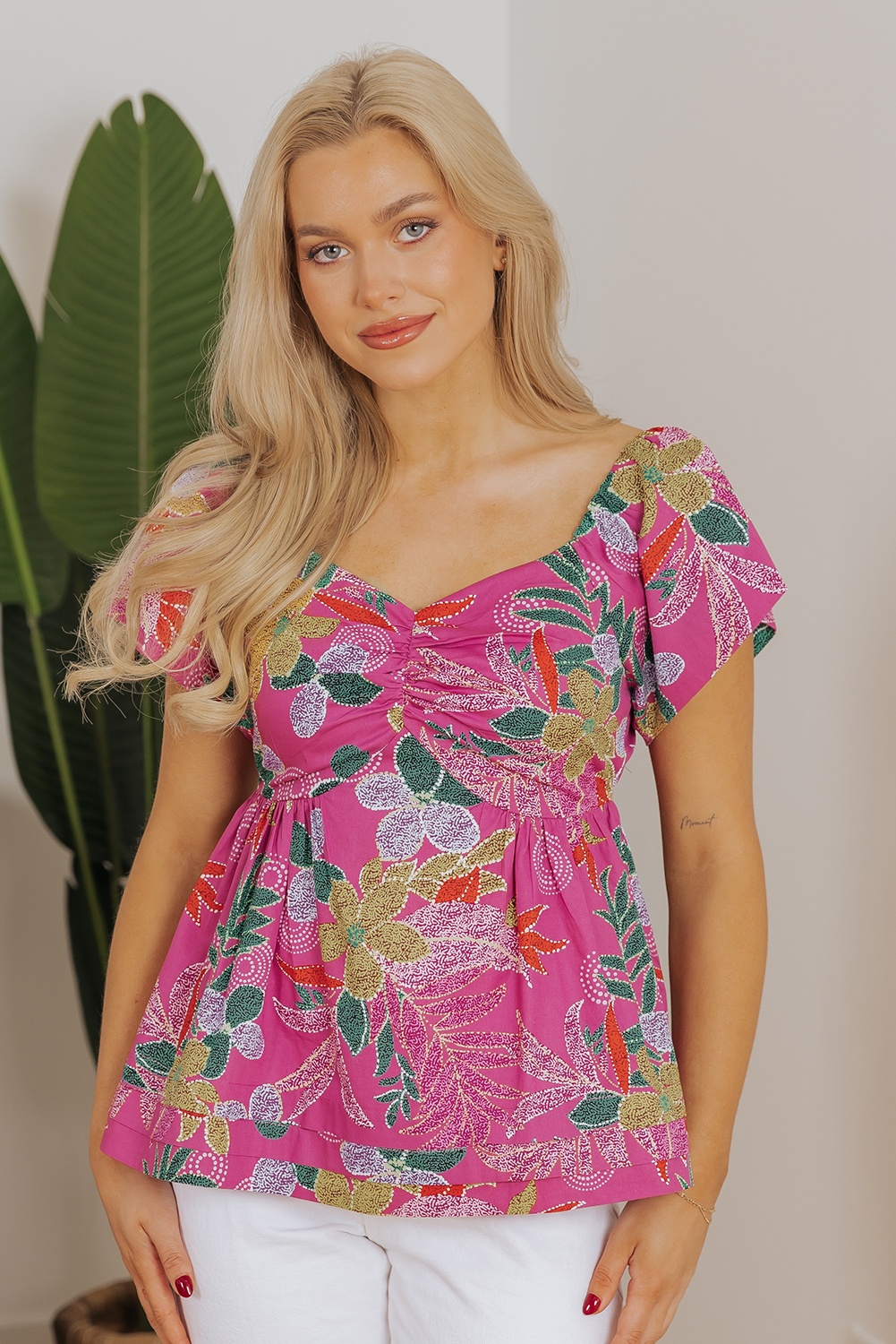 Purple Floral Print Sweetheart Neck Flutter Sleeve Blouse