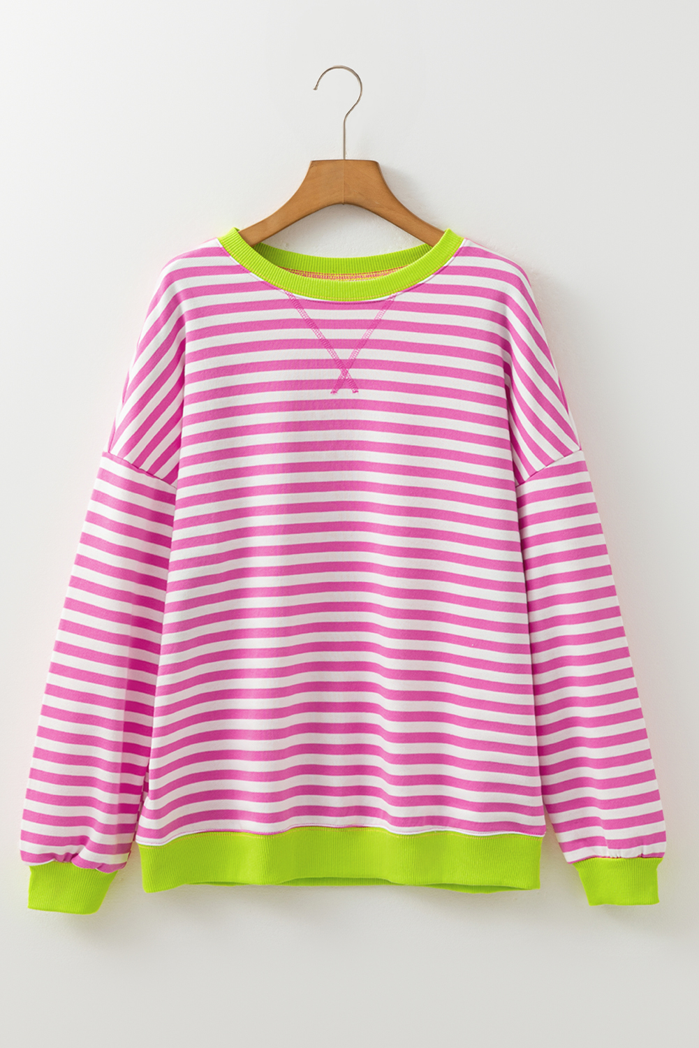 Red Stripe Contrast Ribbed Trim Crossed Stitch Drop Shoulder Sweatshirt