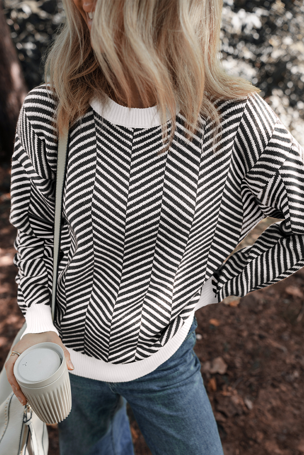 Coffee Contrast Edge Crew Neck Drop Shoulder Sweater