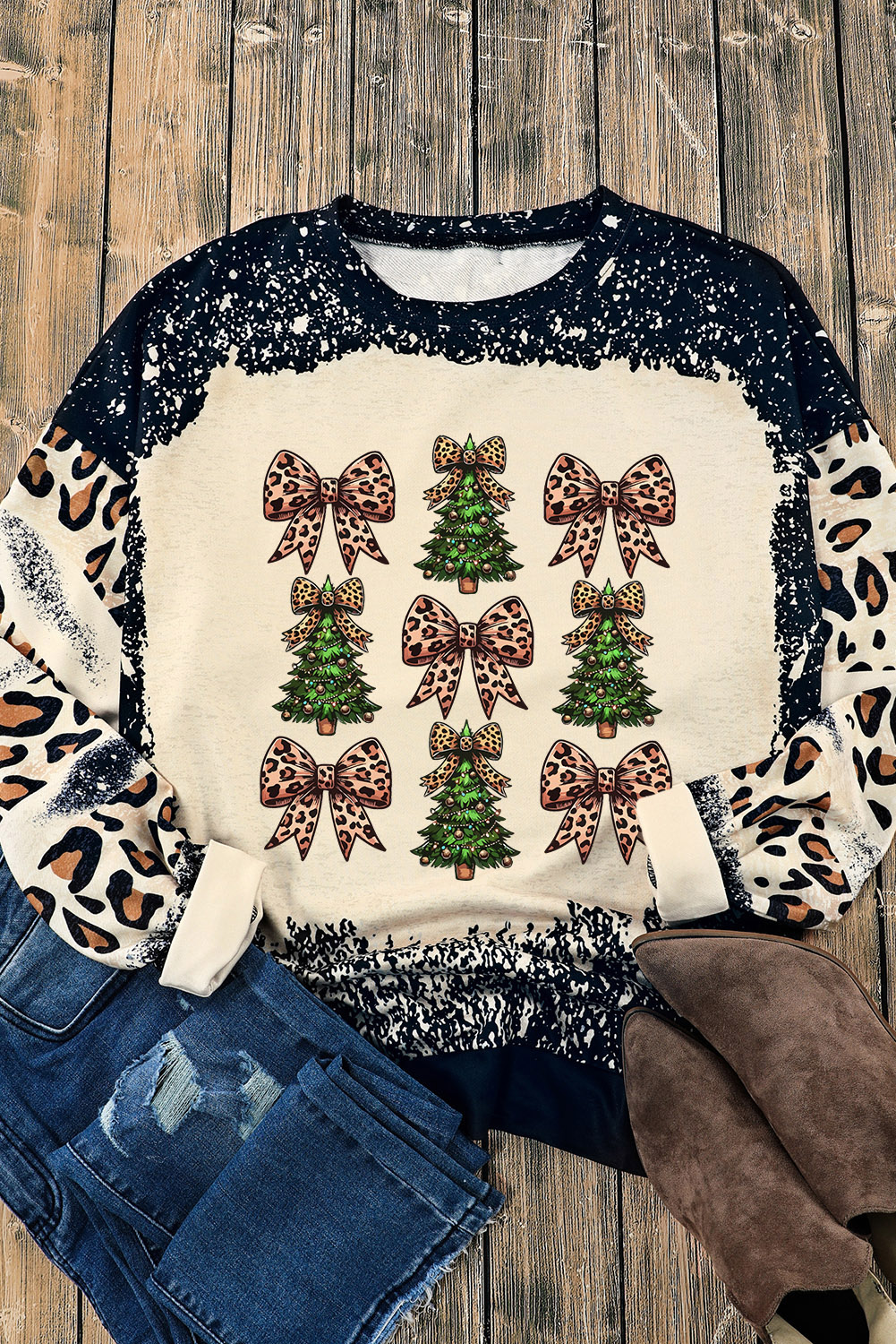 Black Leopard Bow Christmas Tree Printed Tie Dye Bleached Baggy Sweatshirt