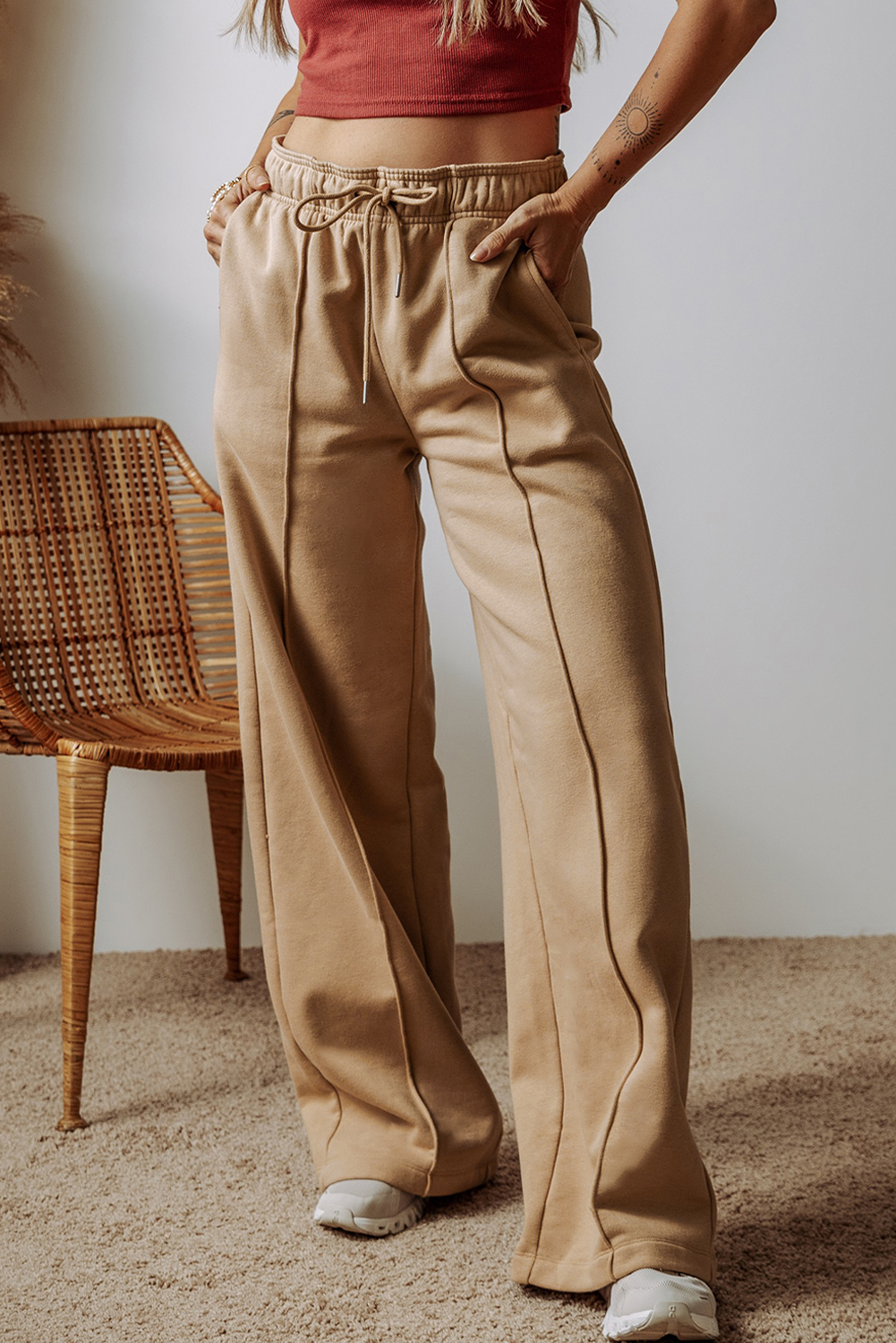 Smoke Gray Exposed Seam Drawstring Elastic Waistband Wide Leg Pants