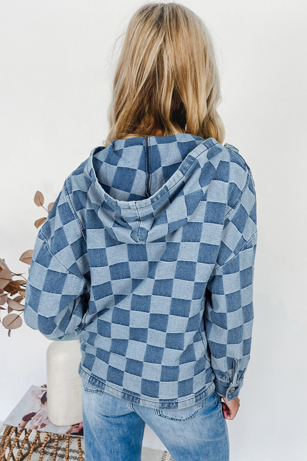 Dark Grey Checkered Denim Wide Leg Jeans