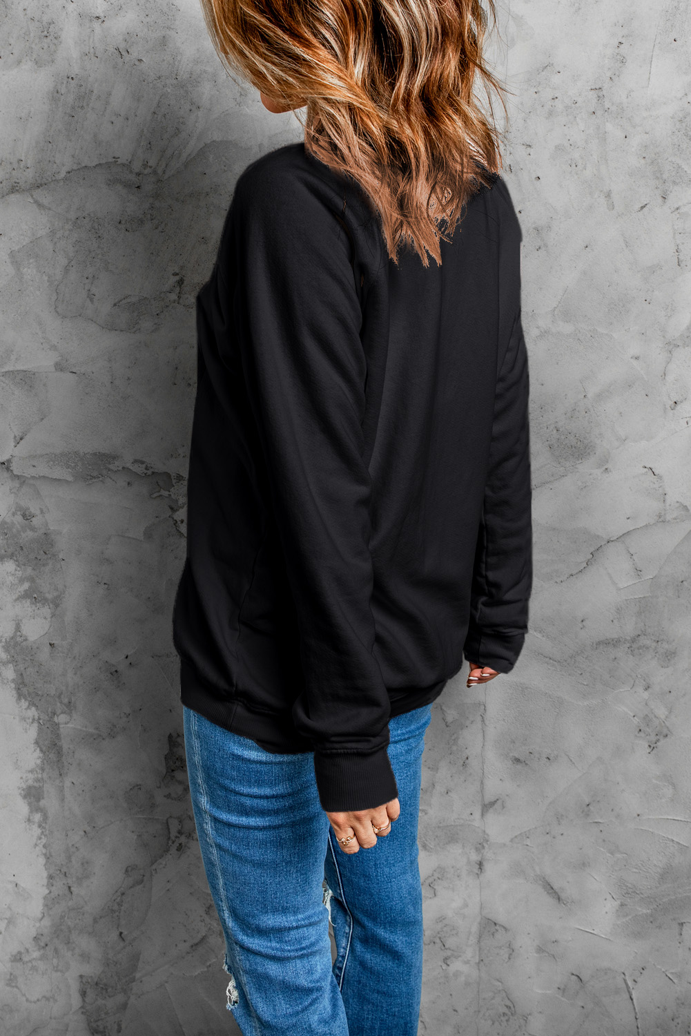 Black Game Day Chenille Bow Patched Drop Shoulder Sweatshirt