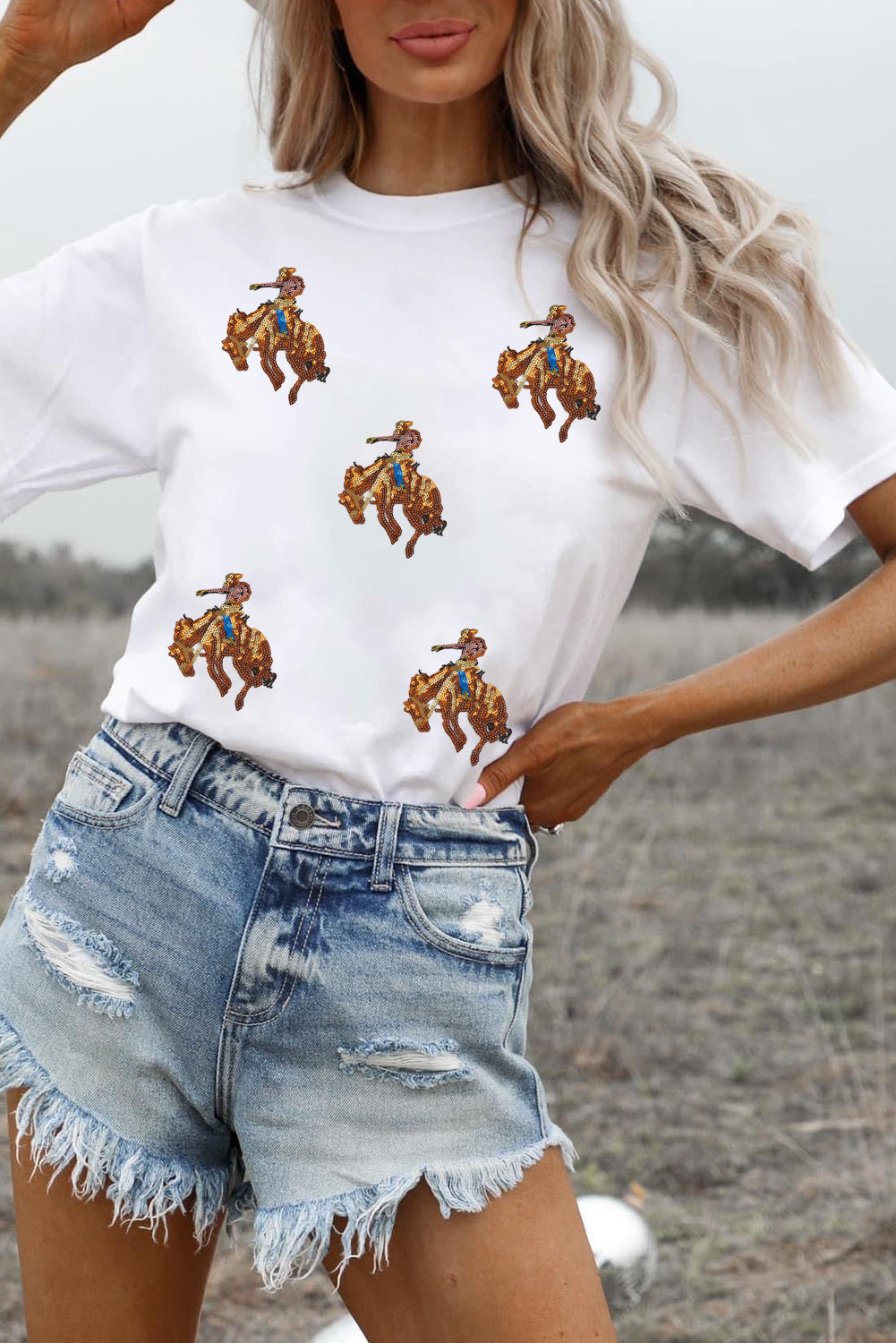White Rodeo Patched Graphic Casual Round Neck Tee