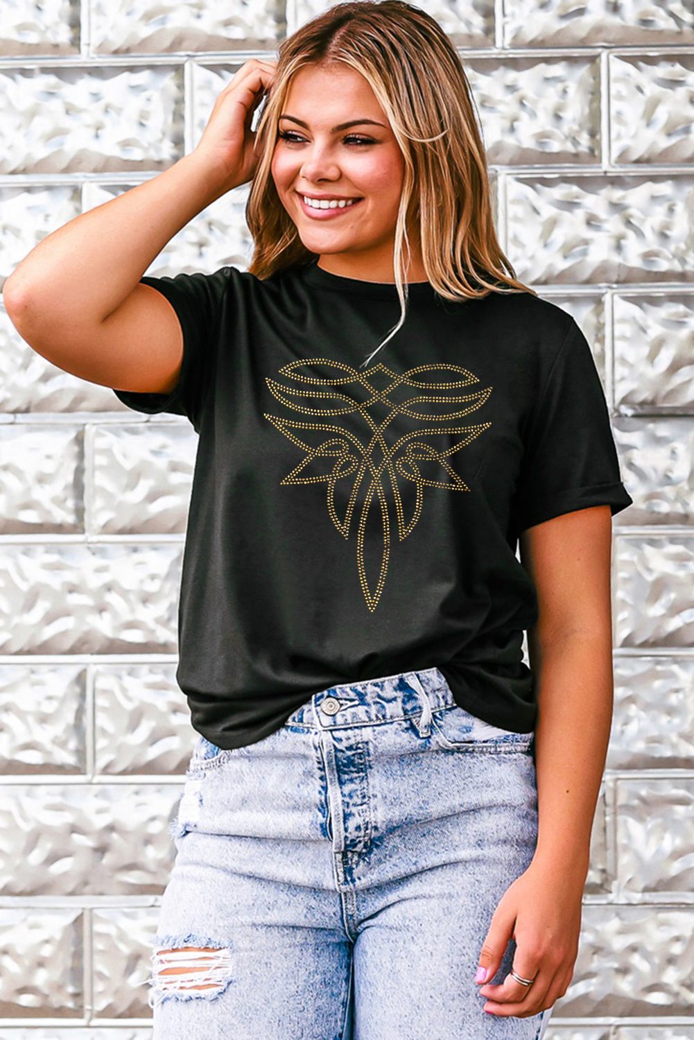 Black Rhinestone Western Pattern Cotton Blend Graphic T Shirt