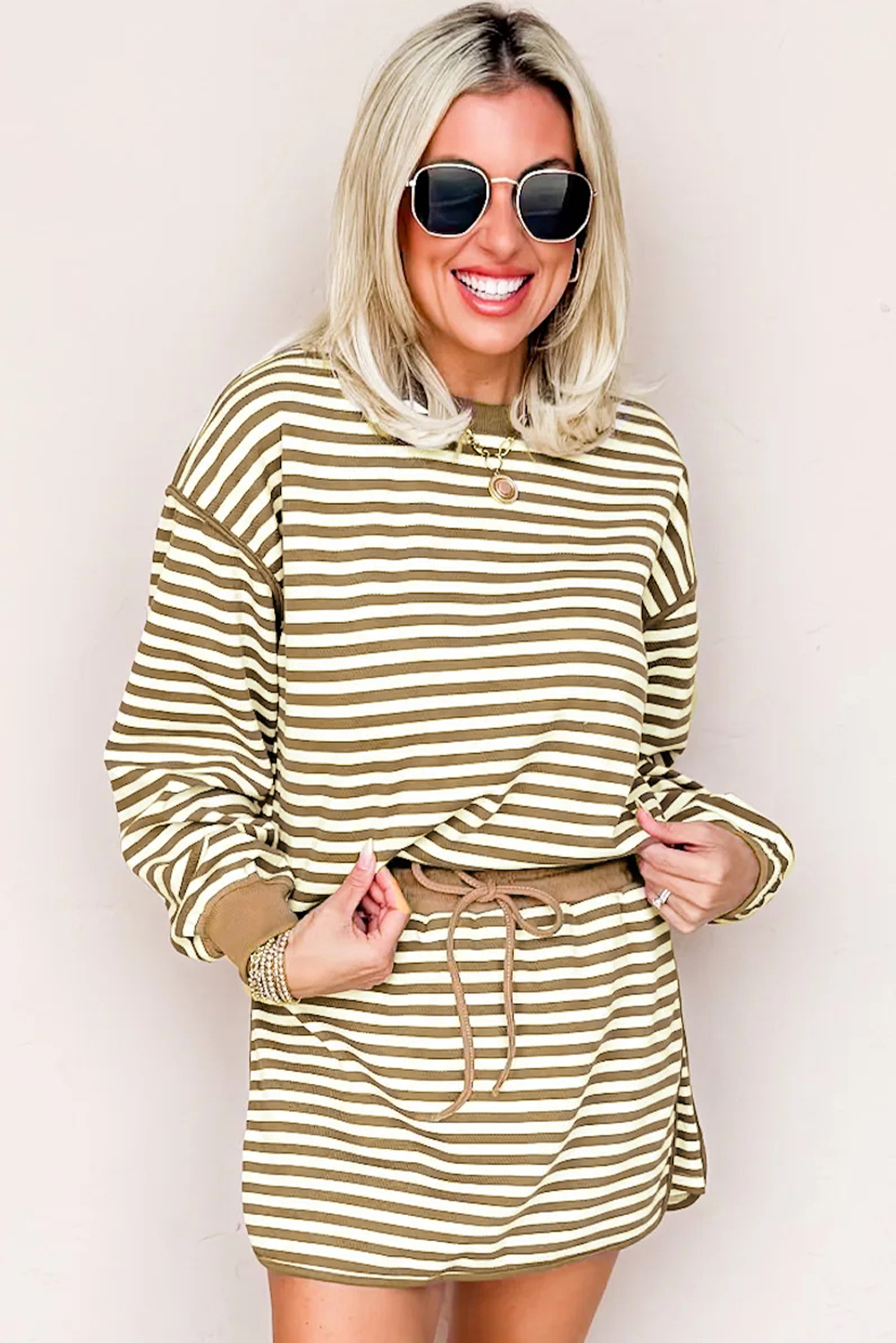 Black Stripe Textured Drop Shoulder Pullover Top Drawstring Mini Skort Two Piece Dress Set