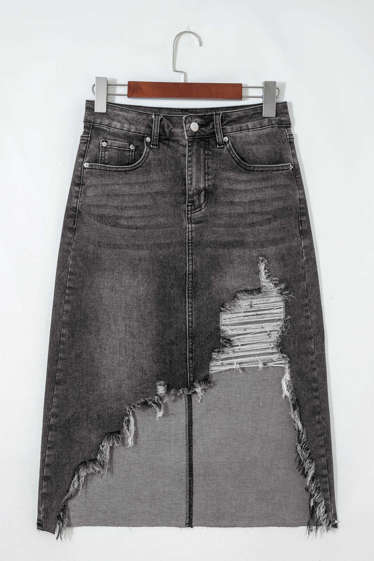 Sail Blue Dearlove Irregular Distressed Bottom Denim Midi Skirt