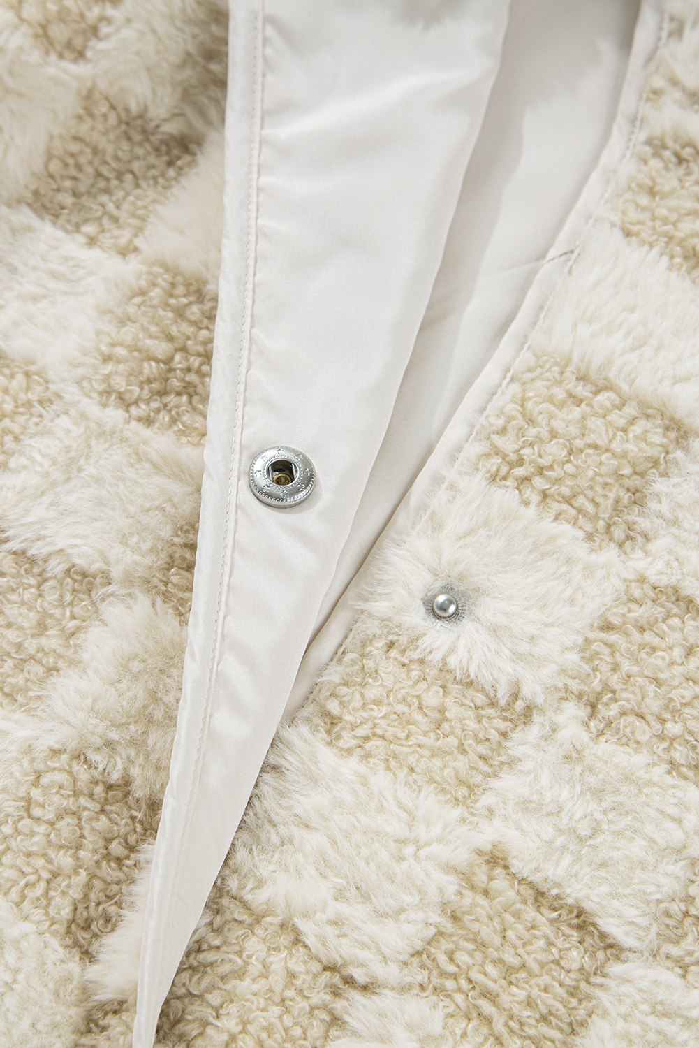 Khaki Sherpa Checkerboard Snap Button Vest Jacket With Pocket