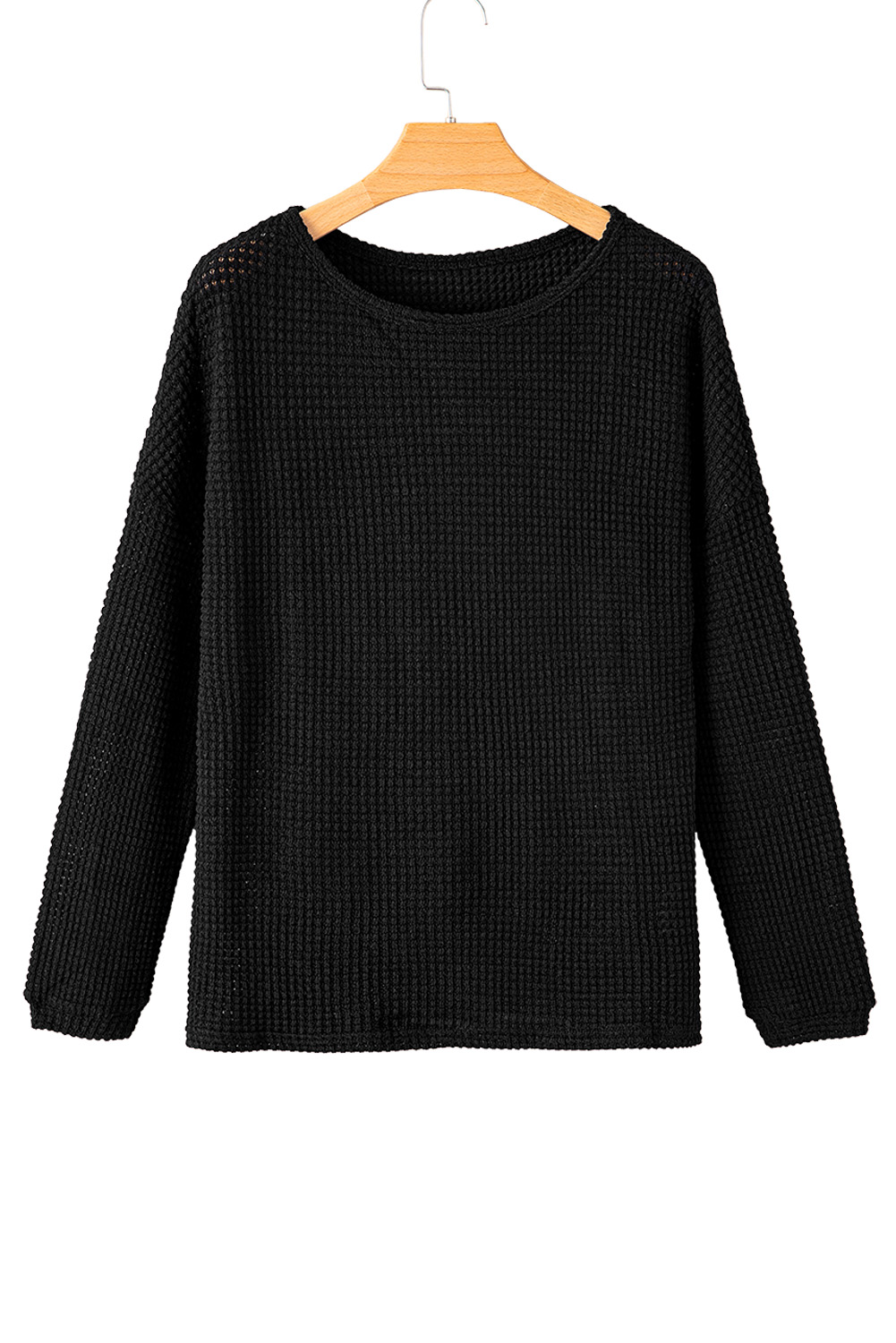 Green Waffle Knit Drop Shoulder Long Sleeve Top