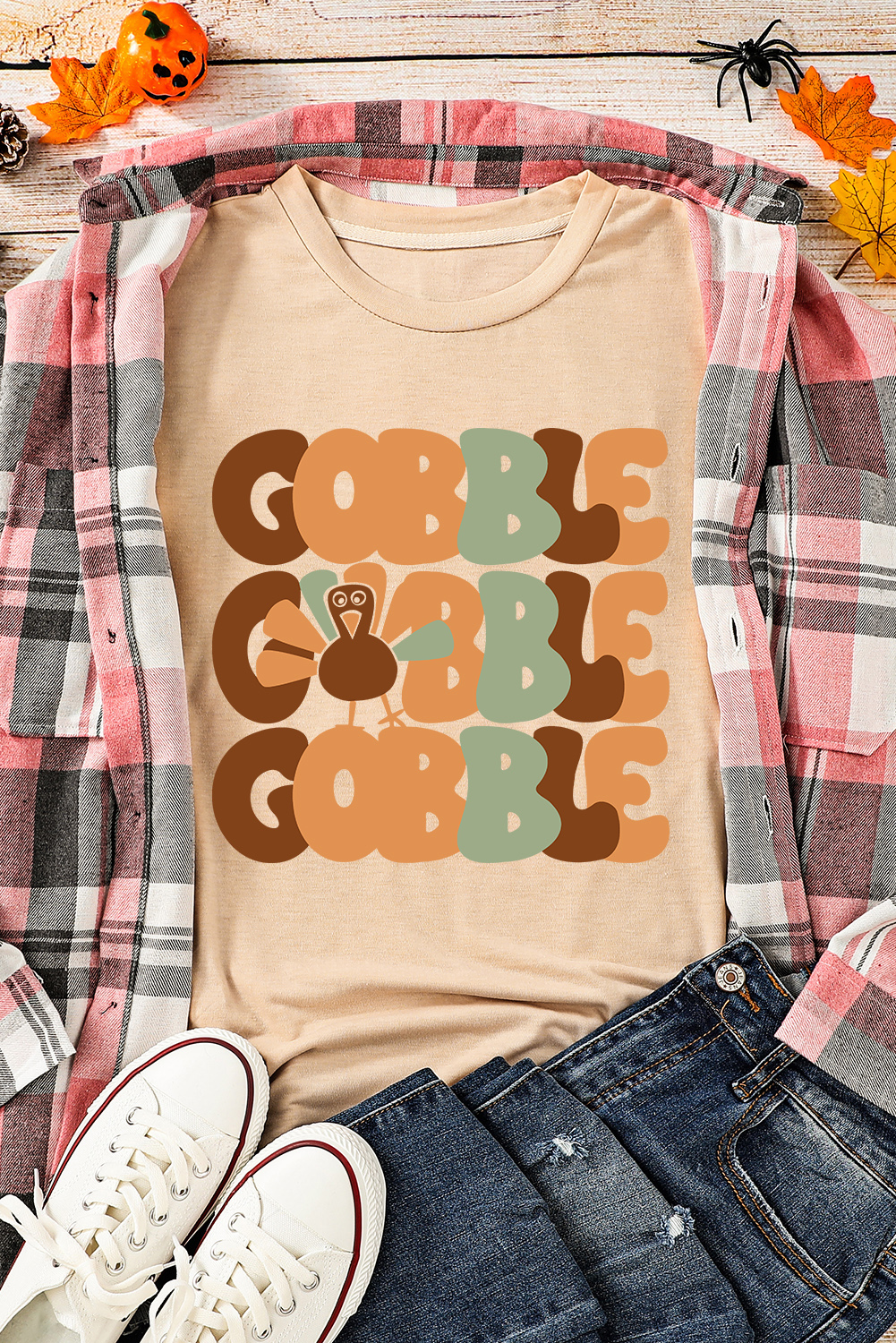 Khaki GOBBLE Turkey Print Thanksgiving Fashion Tee