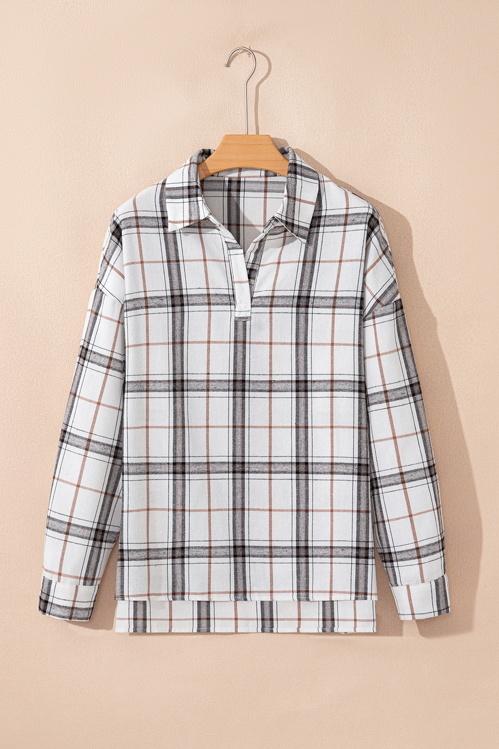 Red Plaid Print Collared V Neck Loose Blouse with Side Slits
