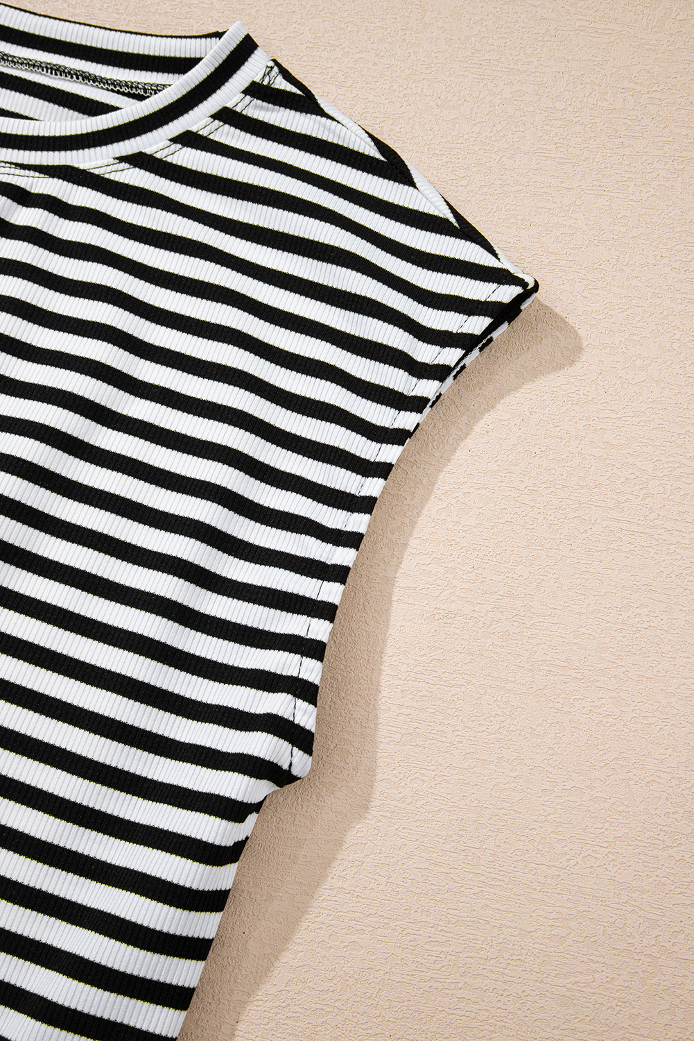 Sky Blue Stripe Ribbed Cap Sleeve Round Neck T Shirt