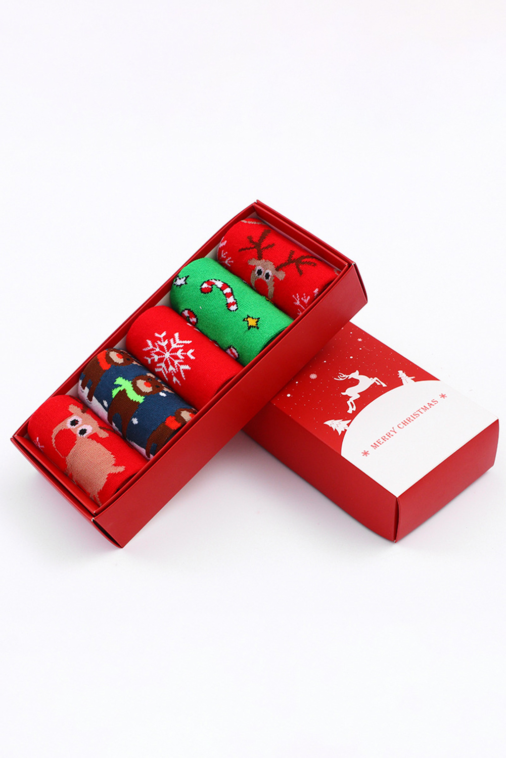 Dearlove Fiery Red 5 Pairs/Set Christmas Cartoon Elk Soft Socks Set with Box