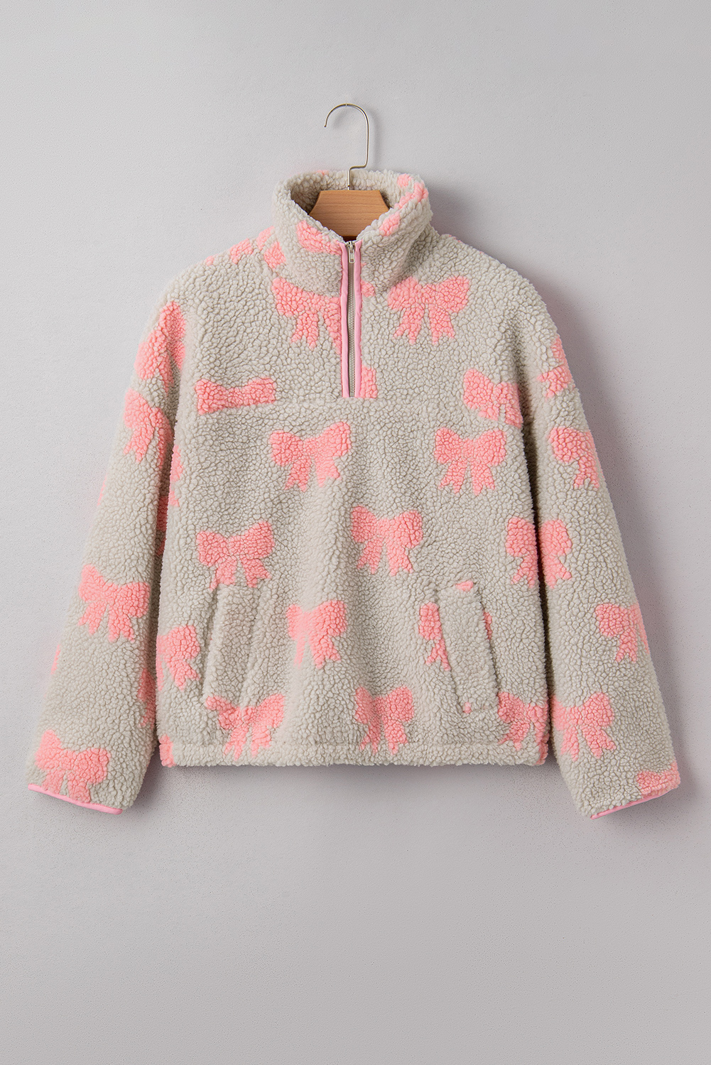 Gray Bow Sherpa Quarter Zip Drop Shoulder Baggy Sweatshirt
