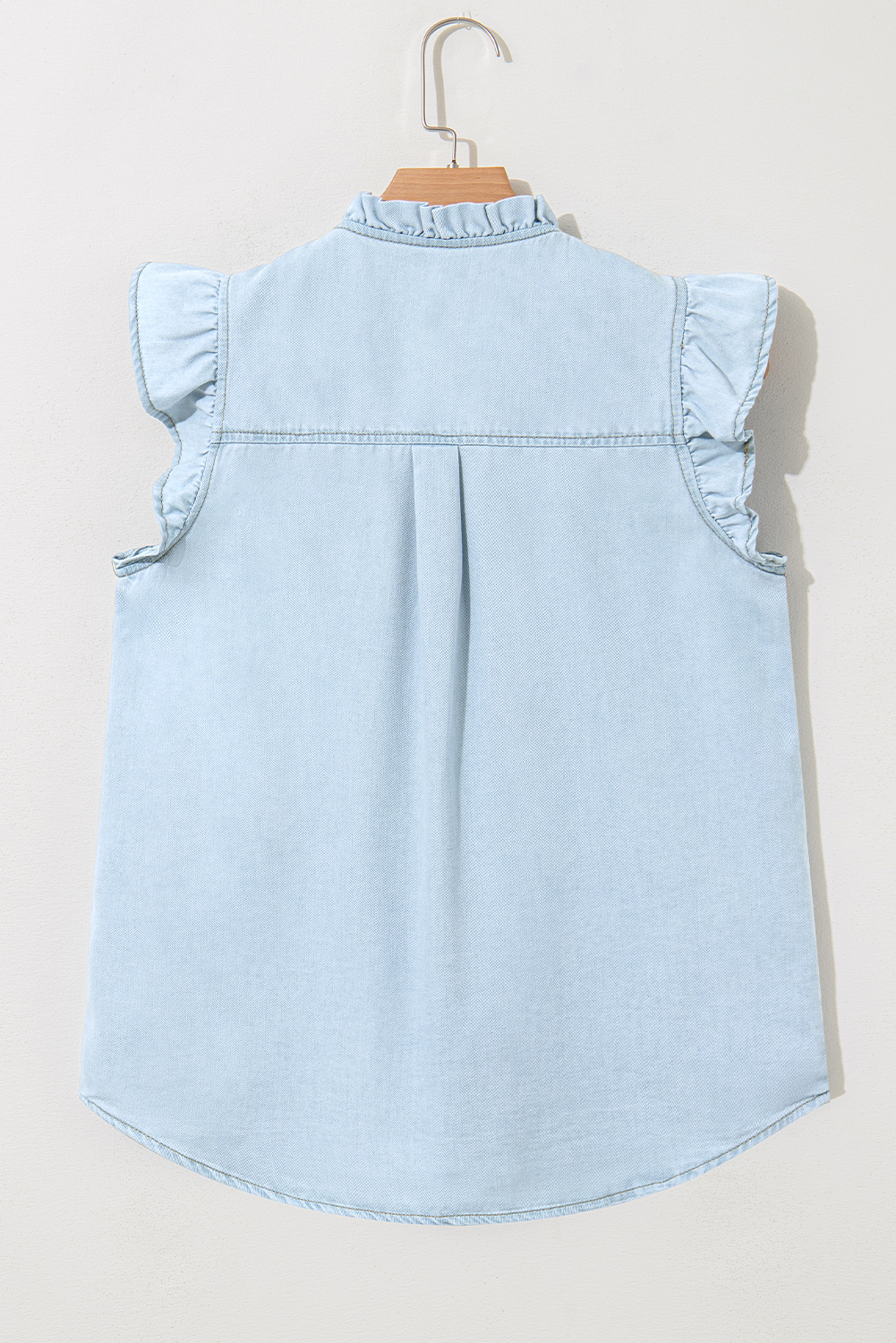 Beau Blue Mineral Wash Frilled Button Up Denim Shirt