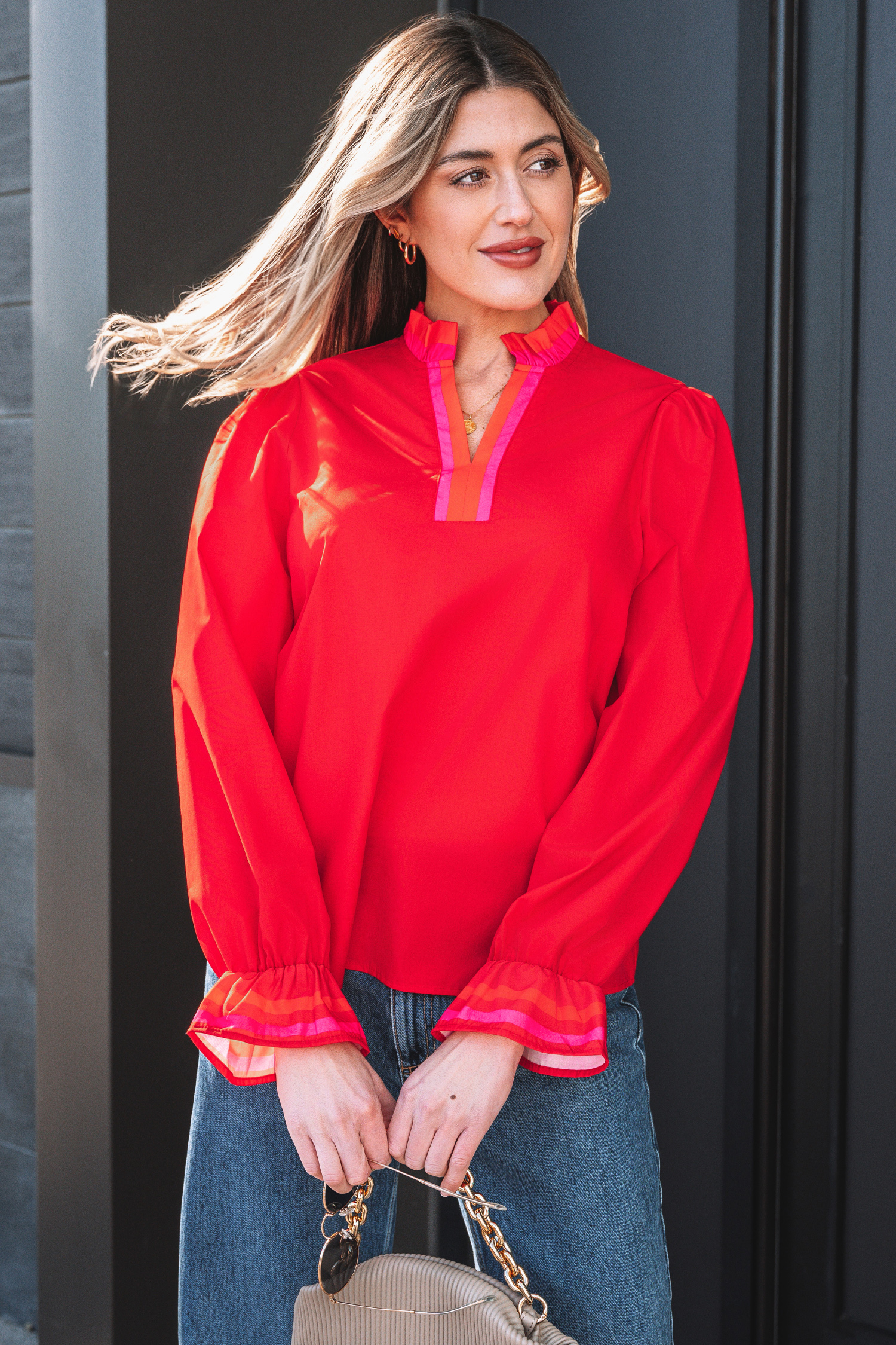 Four Leaf Clover Striped Trim Ruffle Split Neck Long Sleeve Blouse