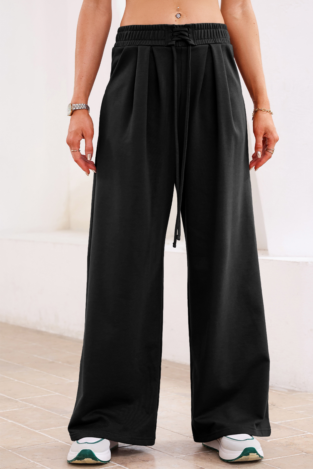 Burgundy Tied Elastic High Waist Pleated Detail Solid Sweatpants