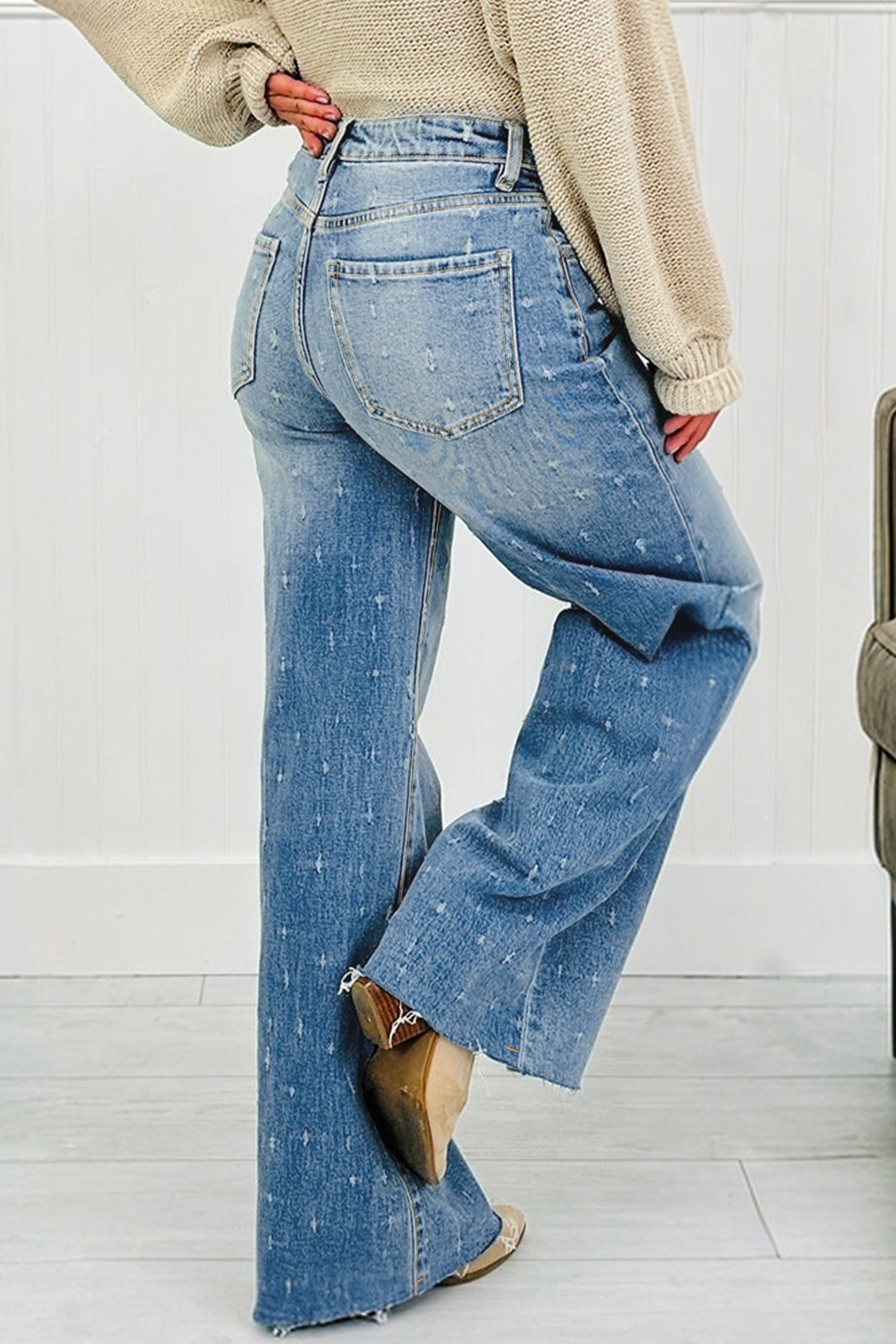 Mist Blue Distressed Detail Tummy Control Raw Hem Jeans
