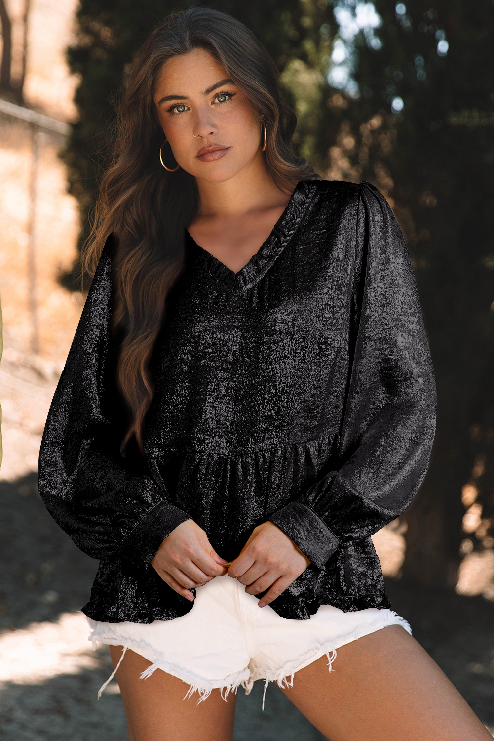 Dearlovers Gold Metallic Frilled V Neck Puff Sleeve Babydoll Blouse
