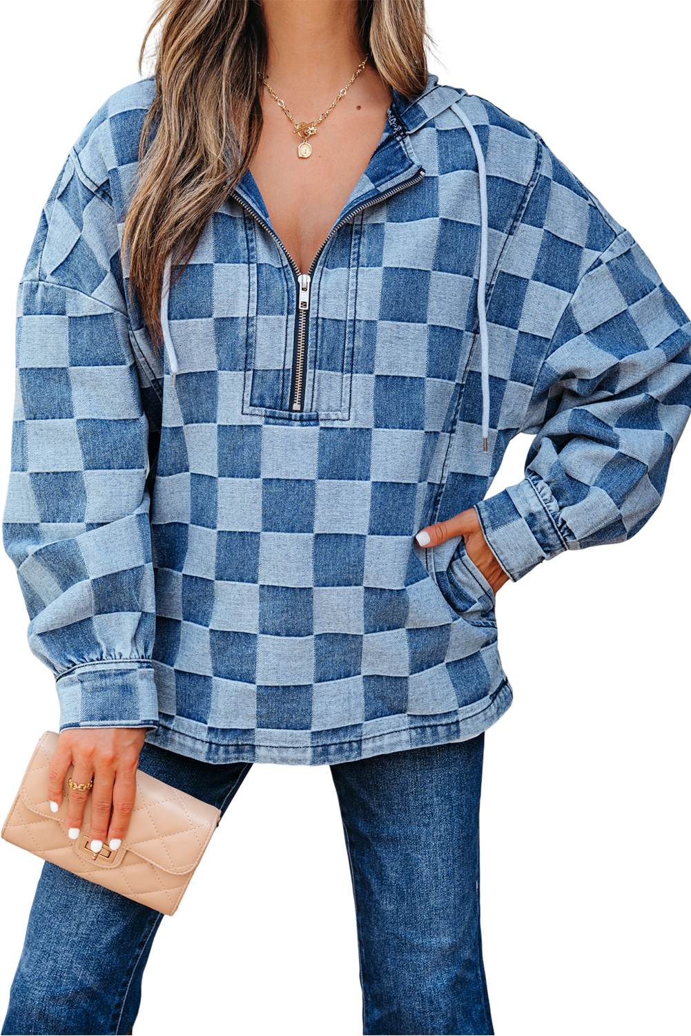 Dark Grey Checkered Denim Wide Leg Jeans