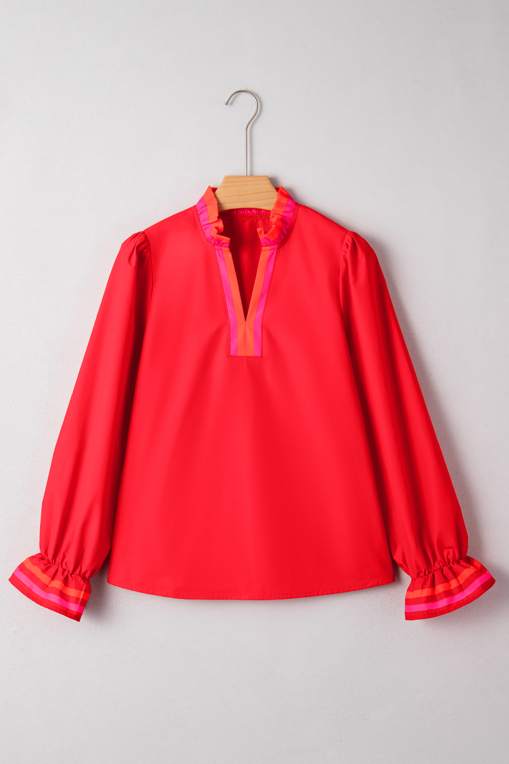 Four Leaf Clover Striped Trim Ruffle Split Neck Long Sleeve Blouse