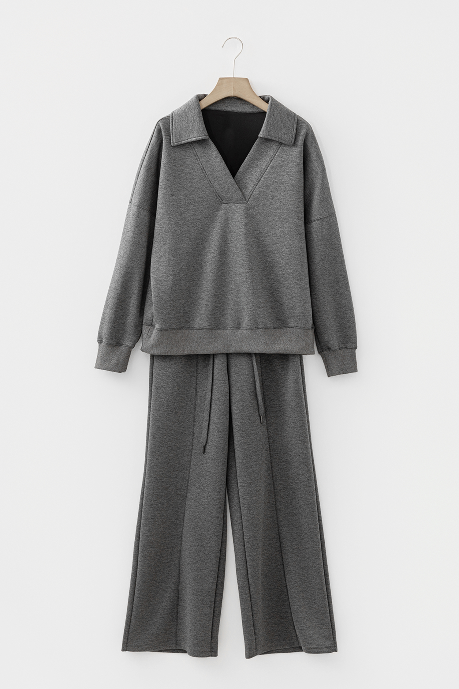 Bristol Black Collared V Neck Pullover Sweatshirt Sweatpants Set