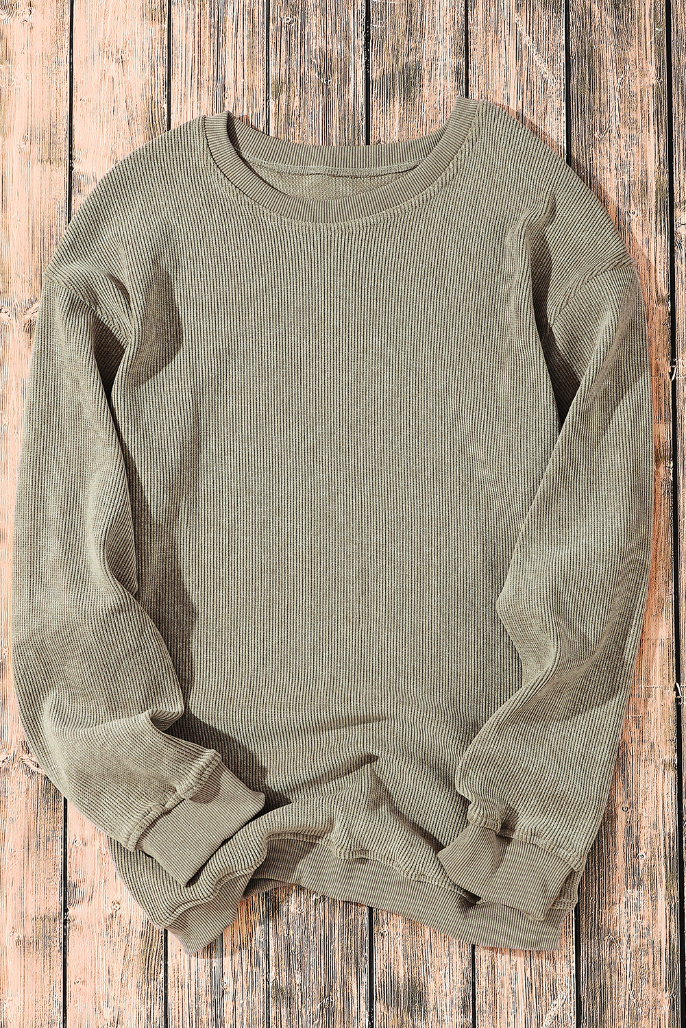 Pink Solid Ribbed Knit Round Neck Pullover Sweatshirt