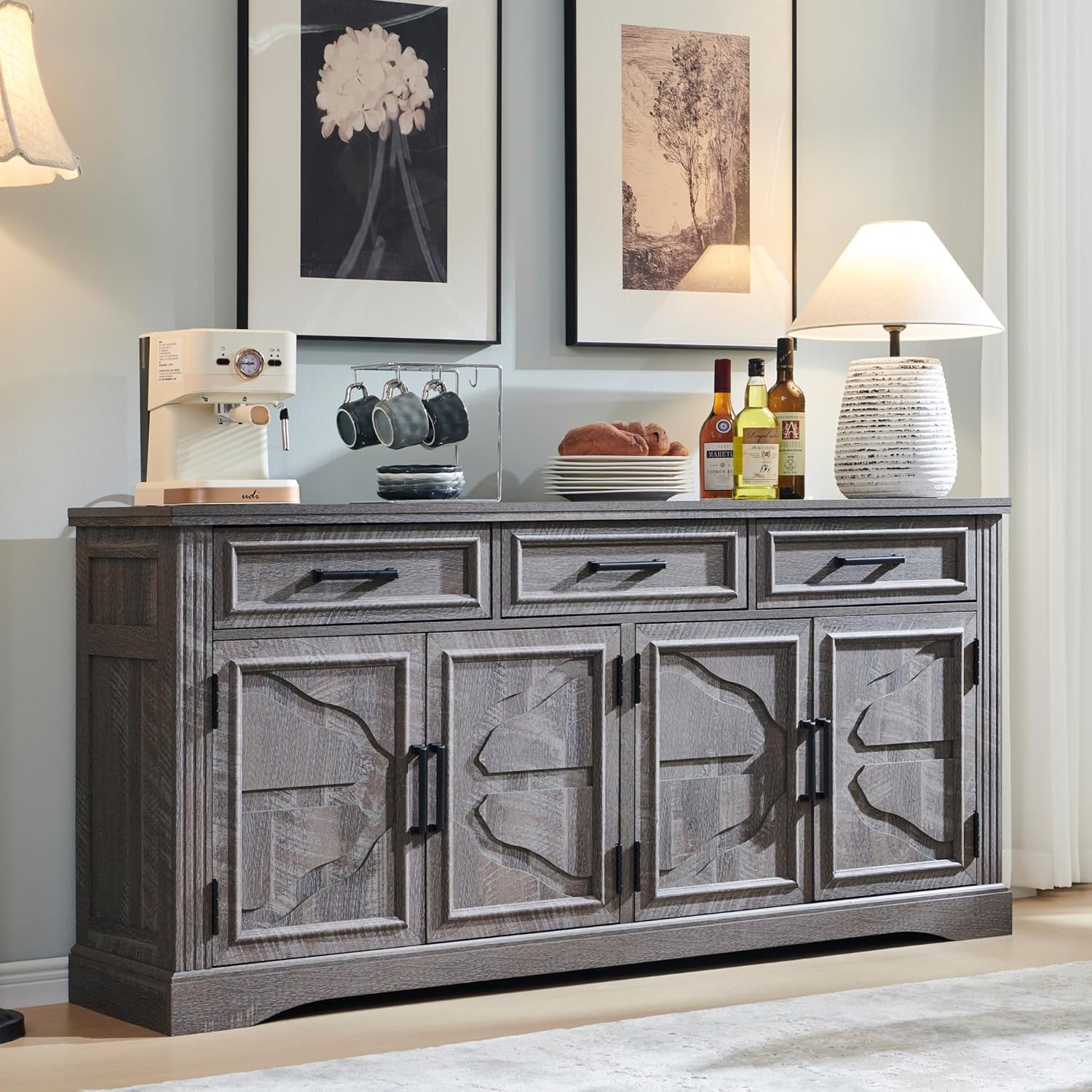 JXQTLINGMU Large Buffet Sideboard Cabinet with 4 Doors and 3 Drawers, Buffet Table Coffee Bar Wine Bar Storage Cabinet for Dining Room, Living Room (Off White)