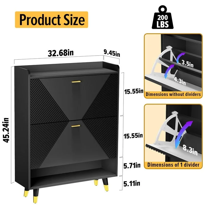 Black Shoe Storage Cabinet with Dual Flip Drawers - Entryway Shoe Rack