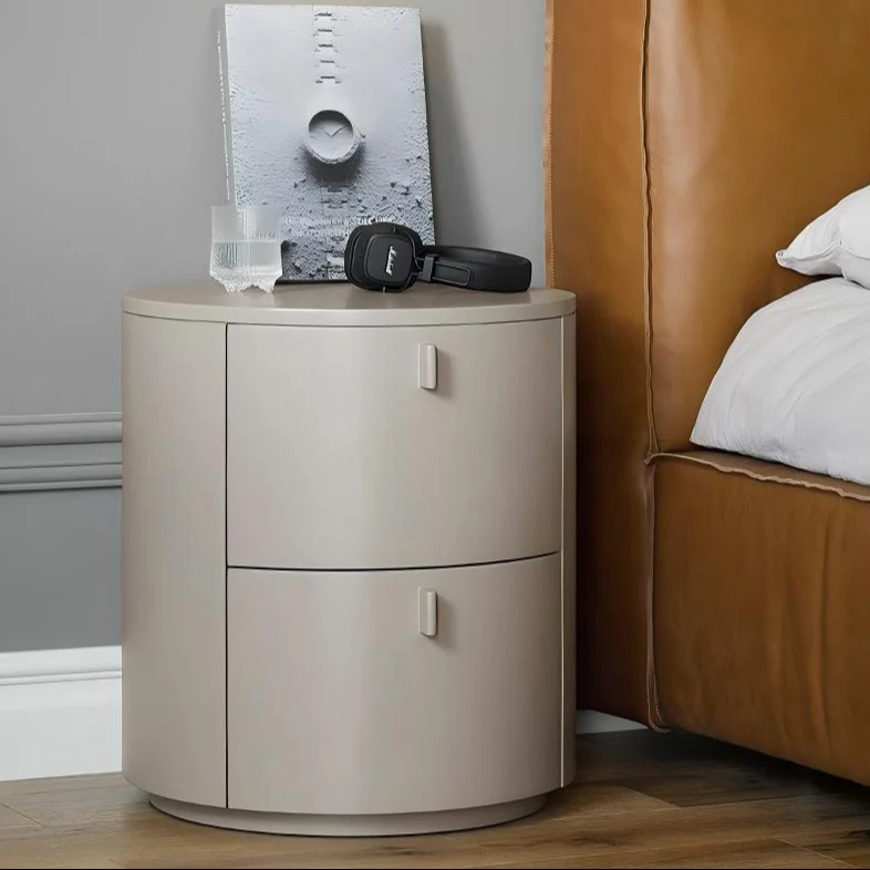 Cream Cylinder Nightstand – Modern Round Bedside Table with Storage in Matte Cream Finish