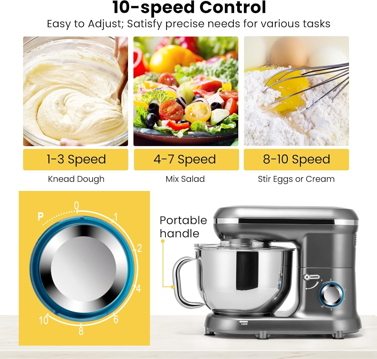 Stand Mixer, 660W 10 Speed 6 Quart Tilt-Head Kitchen Electric Food Mixer with Beater, Dough Hook, Wire Whip and Egg Separator