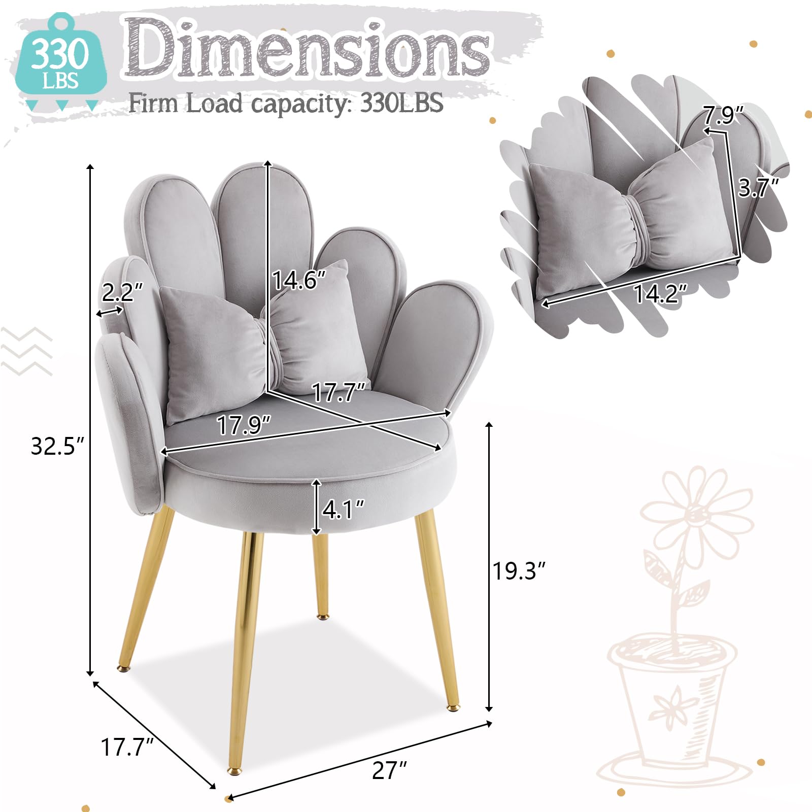 VINGLI Petal Makeup Vanity Chair - Modern Velvet Accent Chair