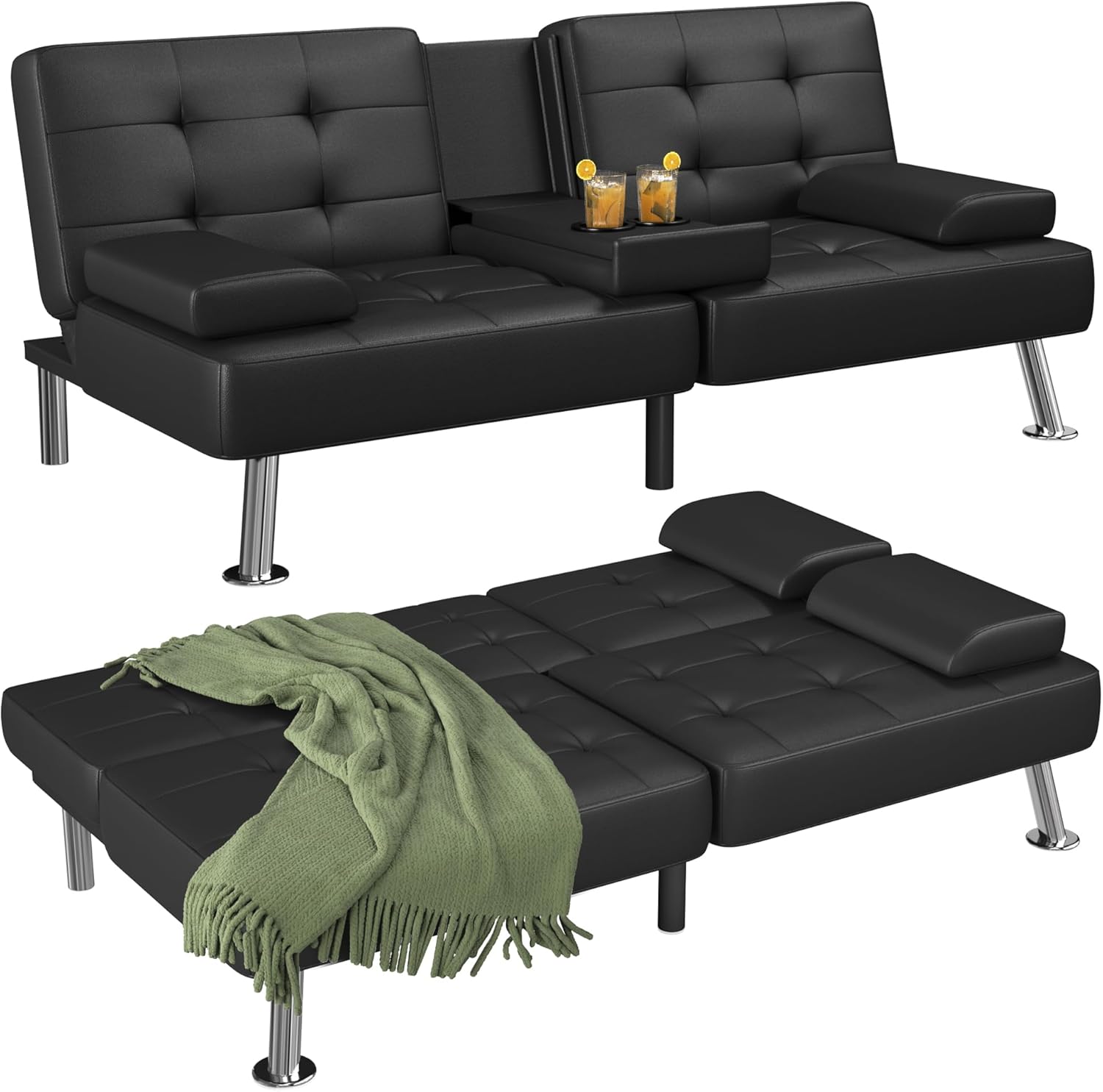 Flamaker Futon Sofa Bed Modern Folding Futon Set Convertible Recliner Lounge for Living Room with 2 Cup Holders, Removable Armrests