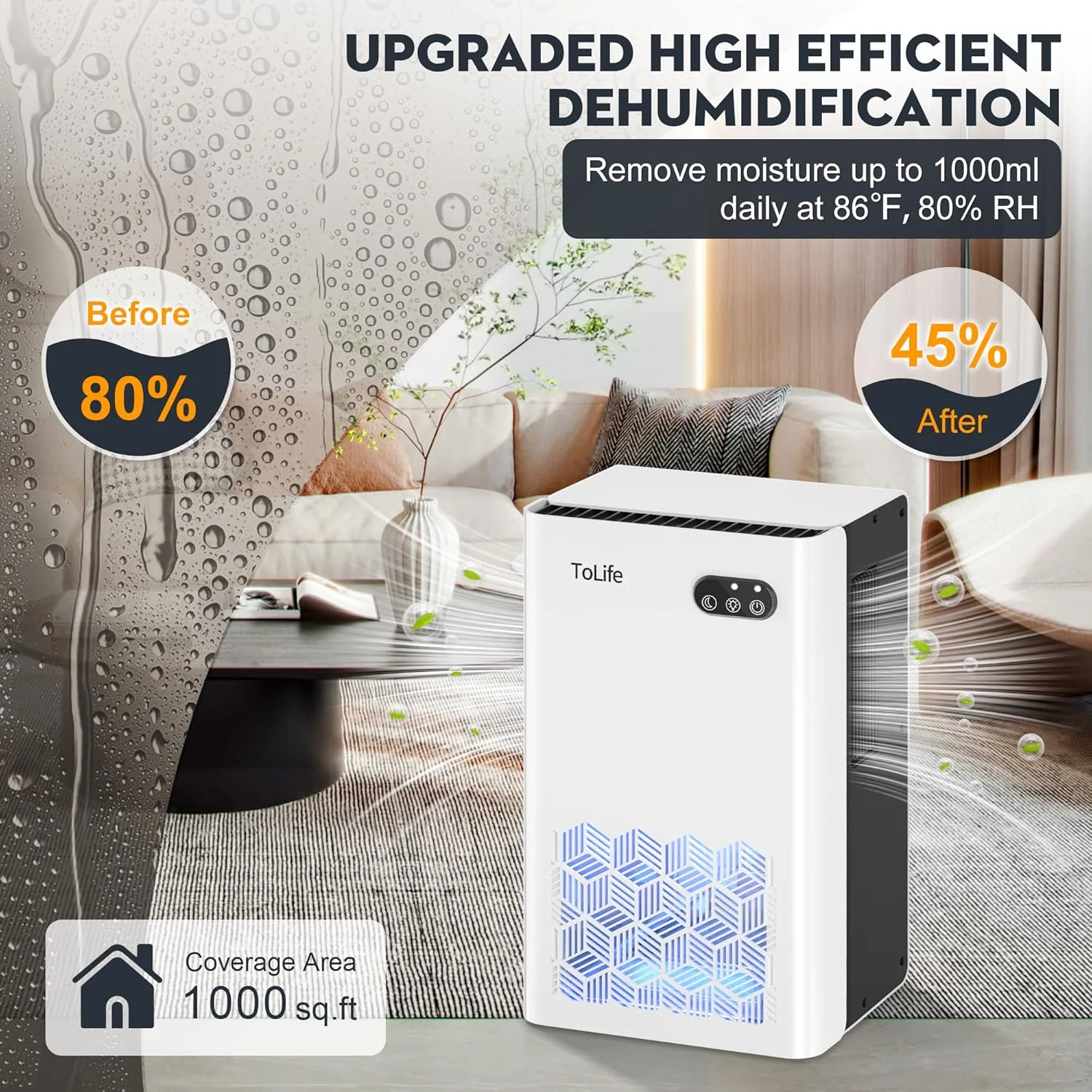 ToLife 1000 sq.ft Dehumidifiers for Home 95 OZ Water Tank