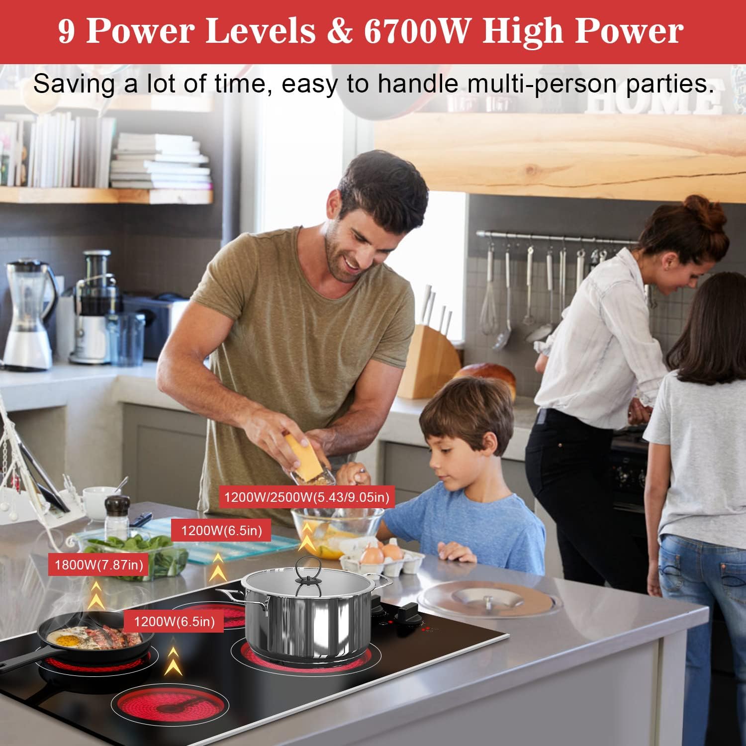 30 Inch Electric Cooktop 4 Burner Built-in Ceramic Stove Top Knob Control Radiant Glass Surface 220-240V Hard Wired Fits Standard Cutouts