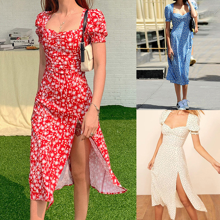 Fresh And Sweet Floral Wrap Chest Slit Waist Dress
