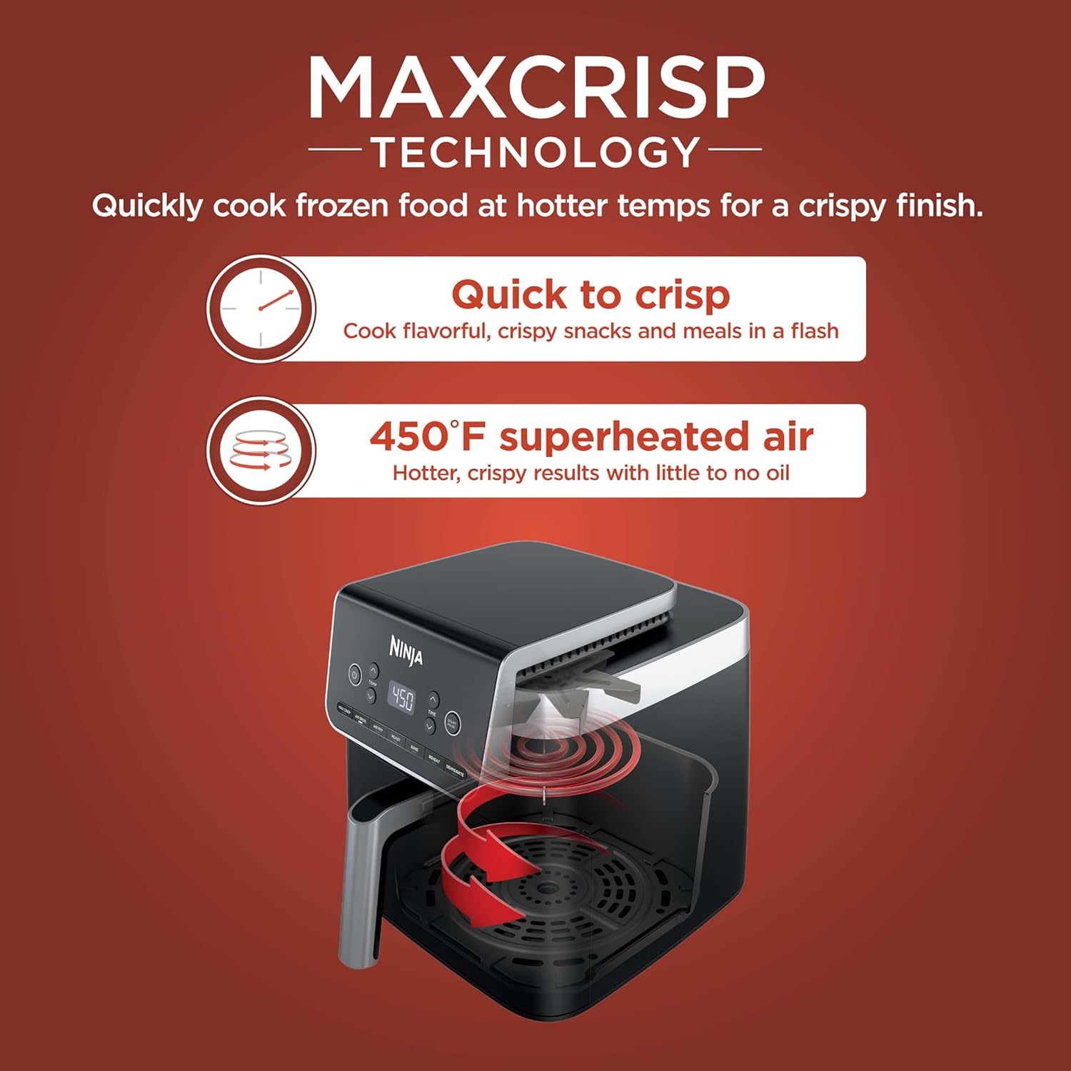 Ninja Air Fryer Pro XL 7-in-1, Max Crisp Tech, 450F for Hotter, Crispy Results, 6.5 QT Capacity fits 9 lbs wings, Max Crisp, Broil, Air Fry, Roast, Bake, Reheat, Dehydrate, Space Saving, Grey, AF182