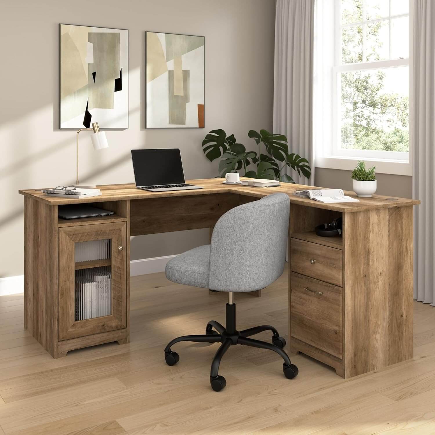 Bush Home Cabot 60W L Shaped Computer Desk with Storage in Reclaimed Pine, 60-inch Corner Table with Drawers for Home Office Workspace