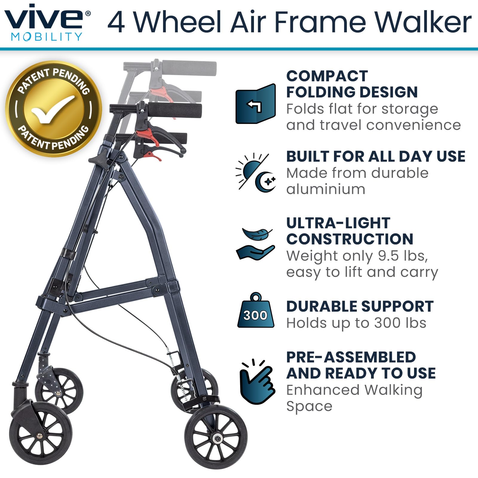 VIVE Mobility Walker for Seniors - Lightweight Folding Design