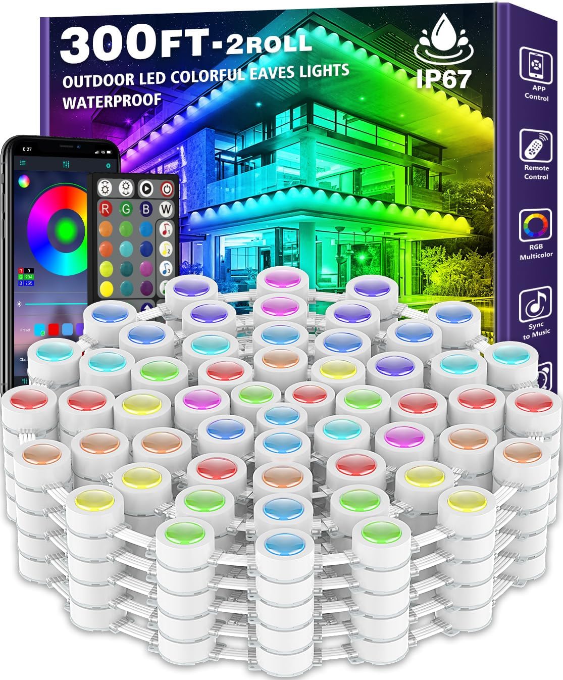 200FT Permanent Outdoor RGB Lights,IP67 Waterproof Smart LED Eaves Lights with App/Remote Control,for Christmas and All Holiday Decor,Daily and Accent Lighting,House Roof and Garden Lighting