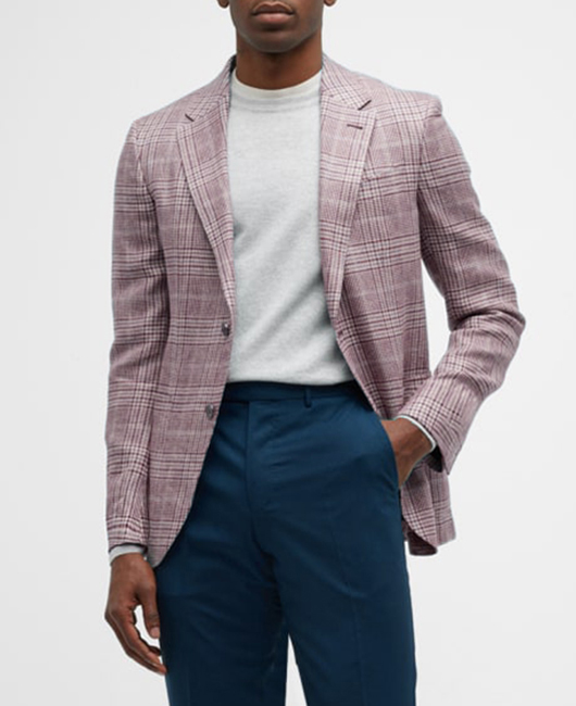OK Casual Plaid Print Notch Lapel Pocket Two Button Blazer